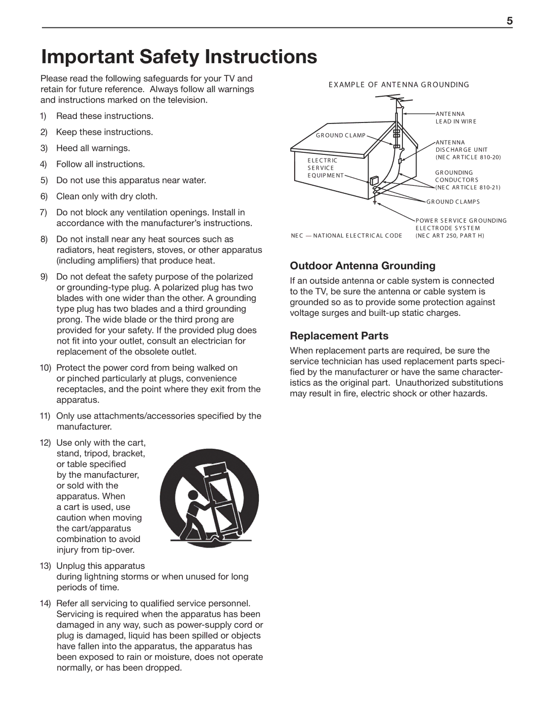 Mitsubishi Electronics C9, 837, 737 manual Outdoor Antenna Grounding, Replacement Parts 