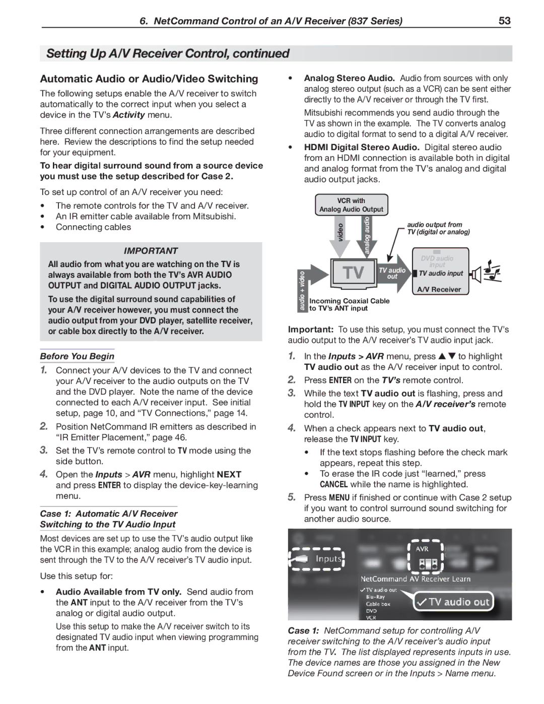 Mitsubishi Electronics C9, 837, 737 manual Automatic Audio or Audio/Video Switching 