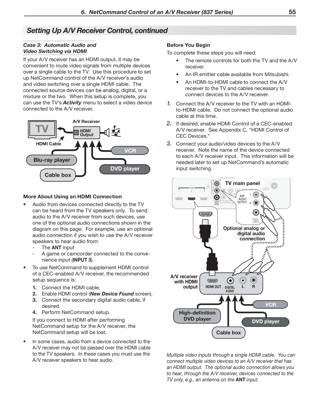 Mitsubishi Electronics 737, 837, C9 Case 3 Automatic Audio Video Switching via Hdmi, More About Using an Hdmi Connection 