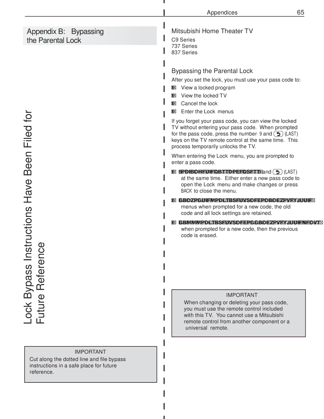 Mitsubishi Electronics C9, 837, 737 manual Mitsubishi Home Theater TV, Bypassing the Parental Lock 