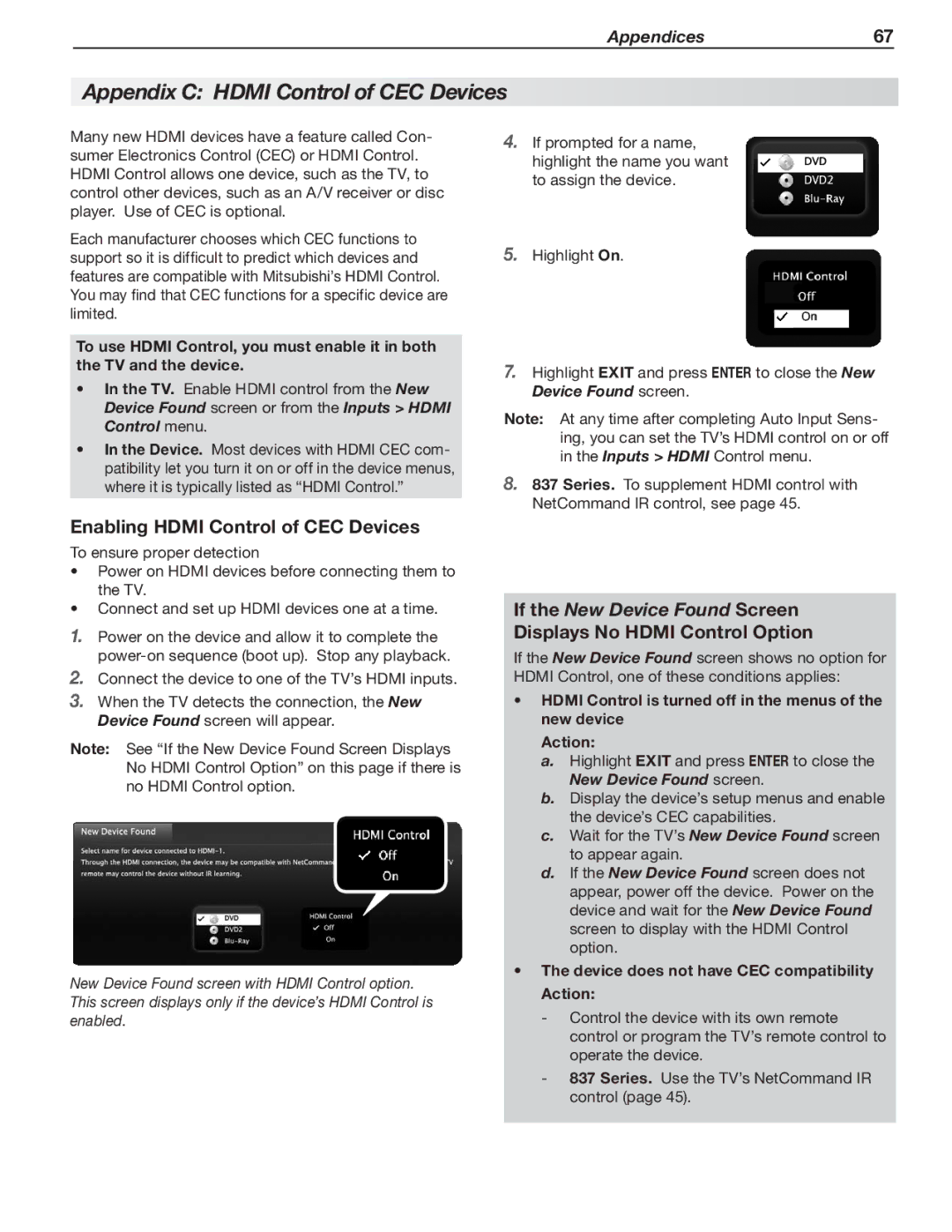 Mitsubishi Electronics 737, 837, C9 manual Appendix C Hdmi Control of CEC Devices, Enabling Hdmi Control of CEC Devices 