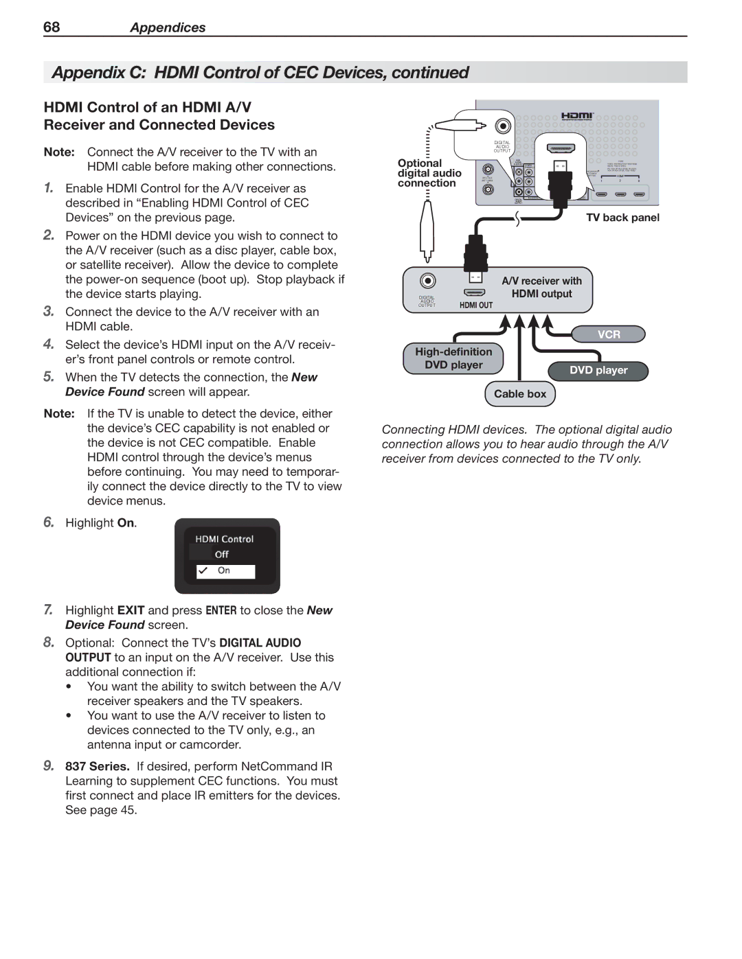 Mitsubishi Electronics C9, 837, 737 manual Hdmi Control of an Hdmi A/V Receiver and Connected Devices, Optional 