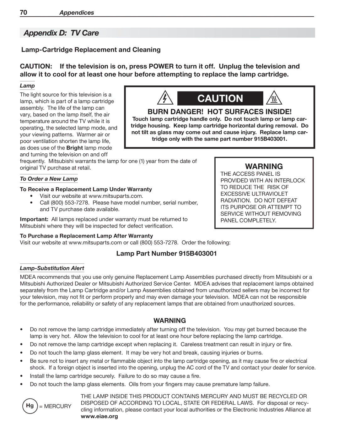 Mitsubishi Electronics 737, 837 Appendix D TV Care, Lamp-Cartridge Replacement and Cleaning, Lamp Part Number 915B403001 