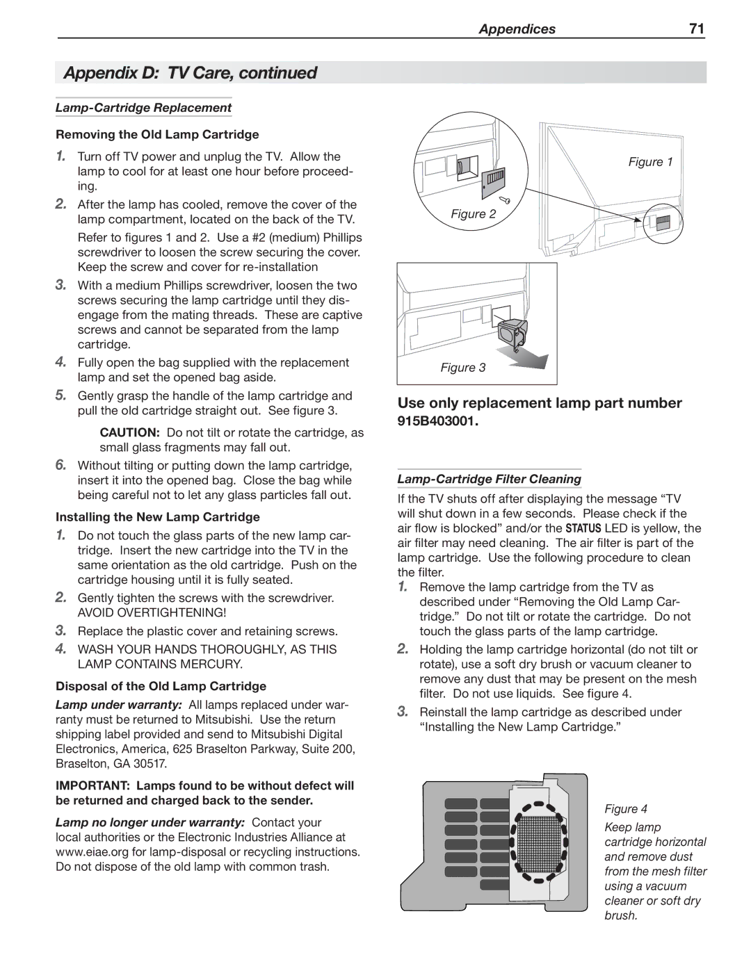 Mitsubishi Electronics C9 Lamp-Cartridge Replacement, Removing the Old Lamp Cartridge, Installing the New Lamp Cartridge 