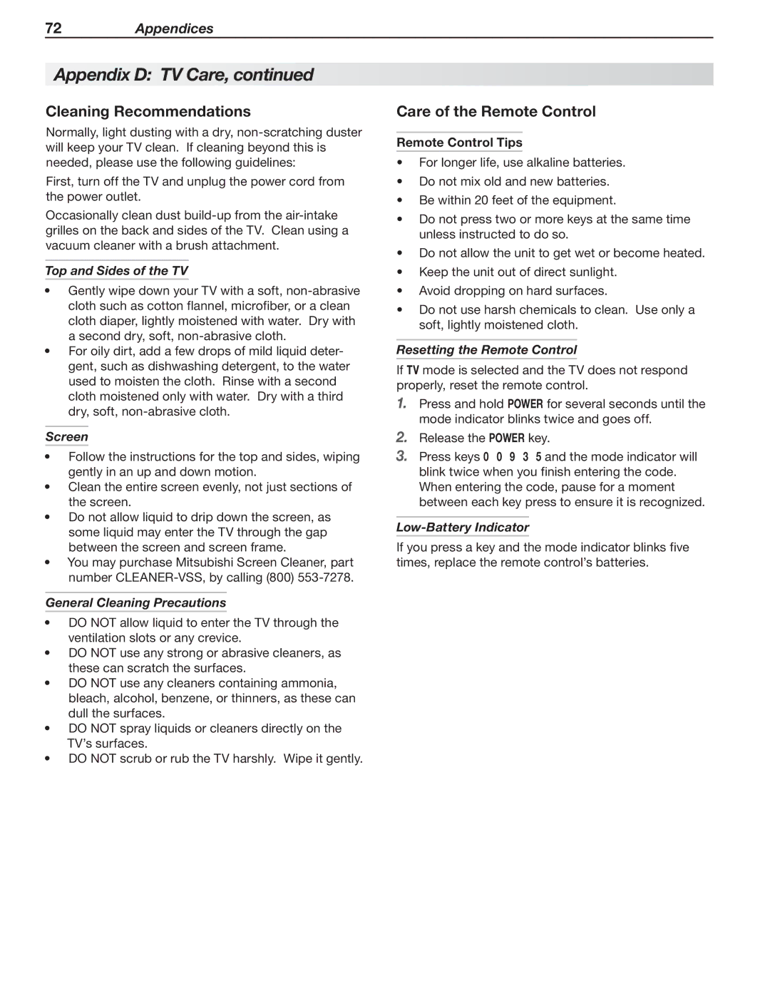 Mitsubishi Electronics 837, 737, C9 manual Cleaning Recommendations, Care of the Remote Control 