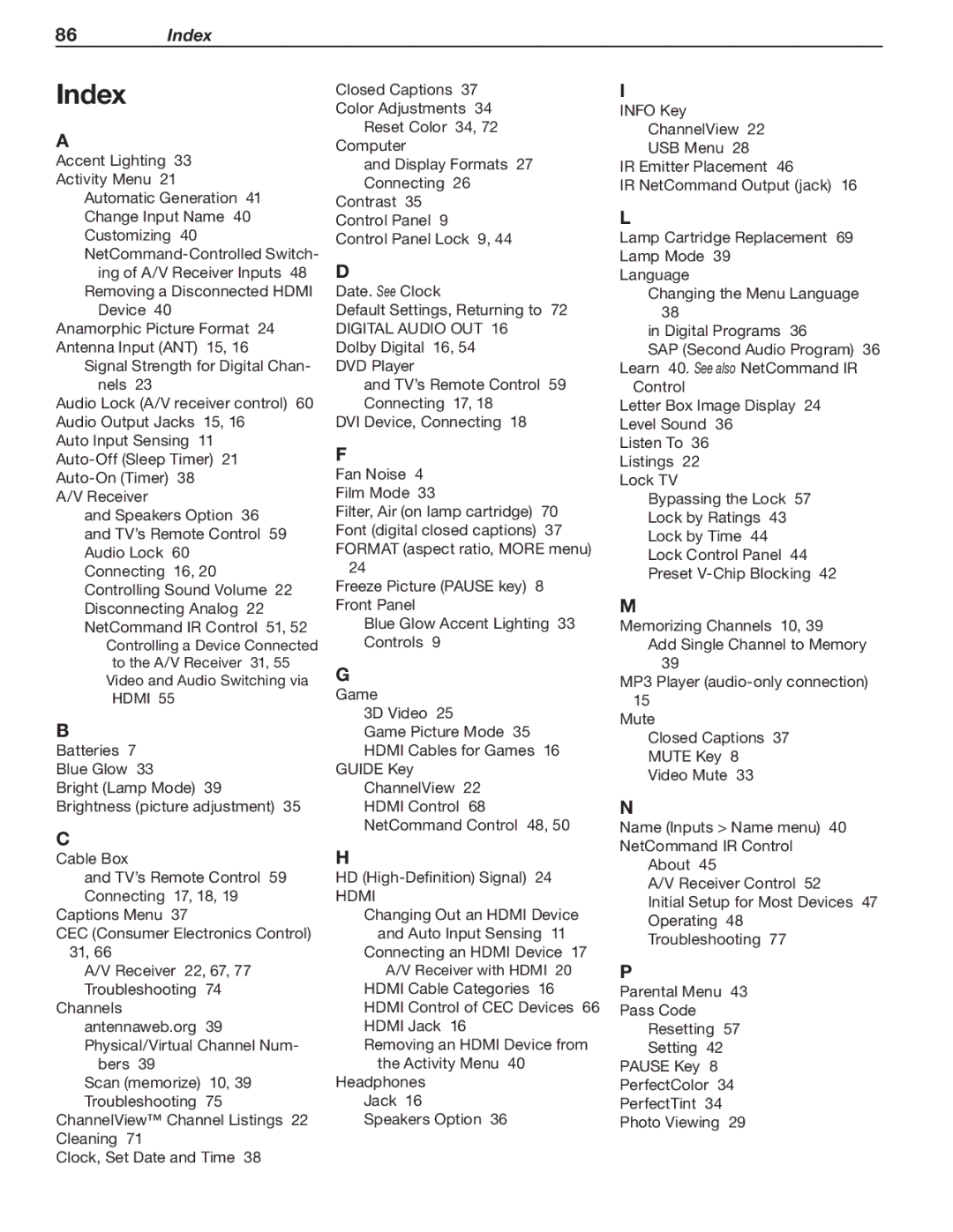 Mitsubishi Electronics C9, 837, 737 manual Index, Hdmi 