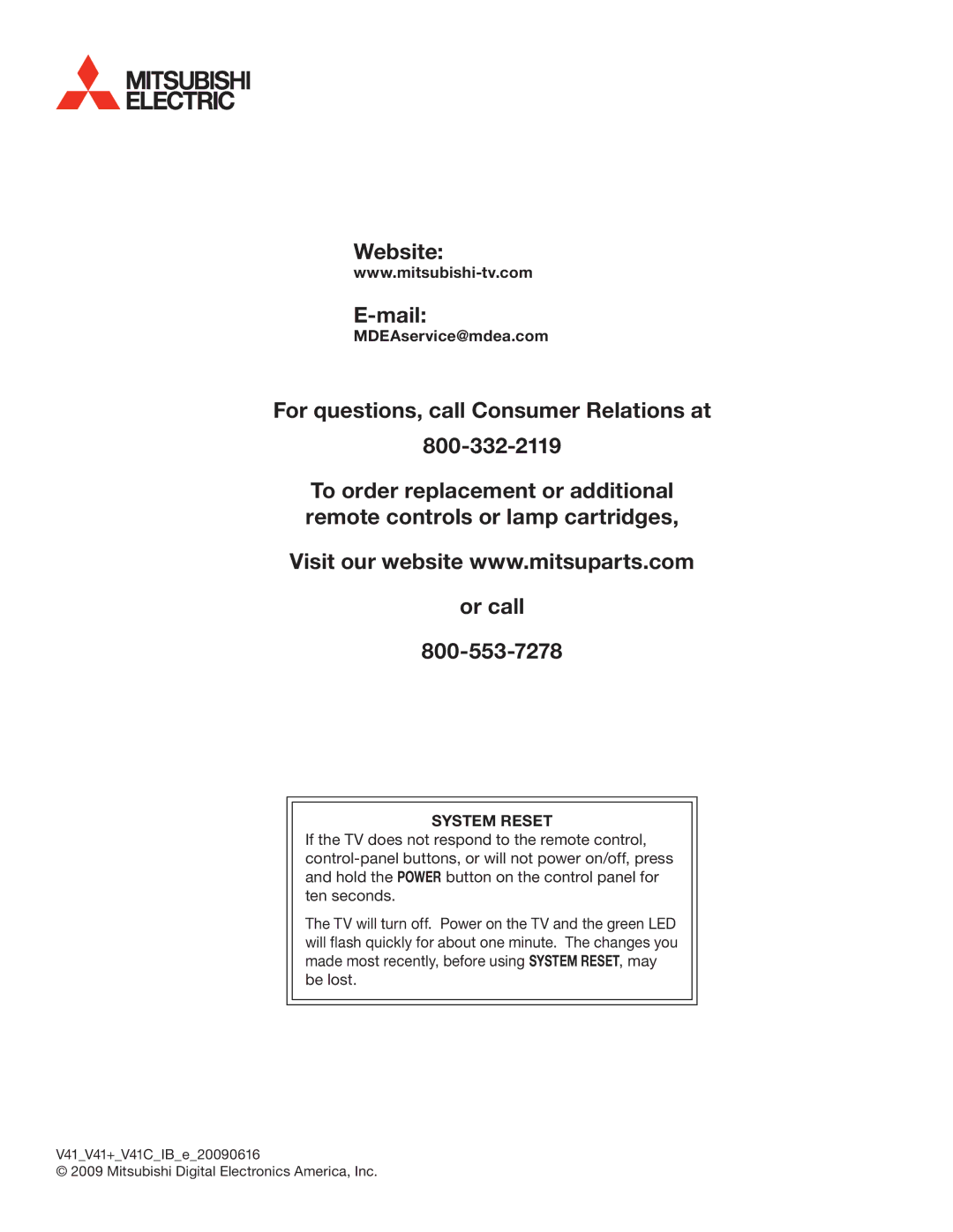 Mitsubishi Electronics 737, 837, C9 manual MDEAservice@mdea.com, System Reset 