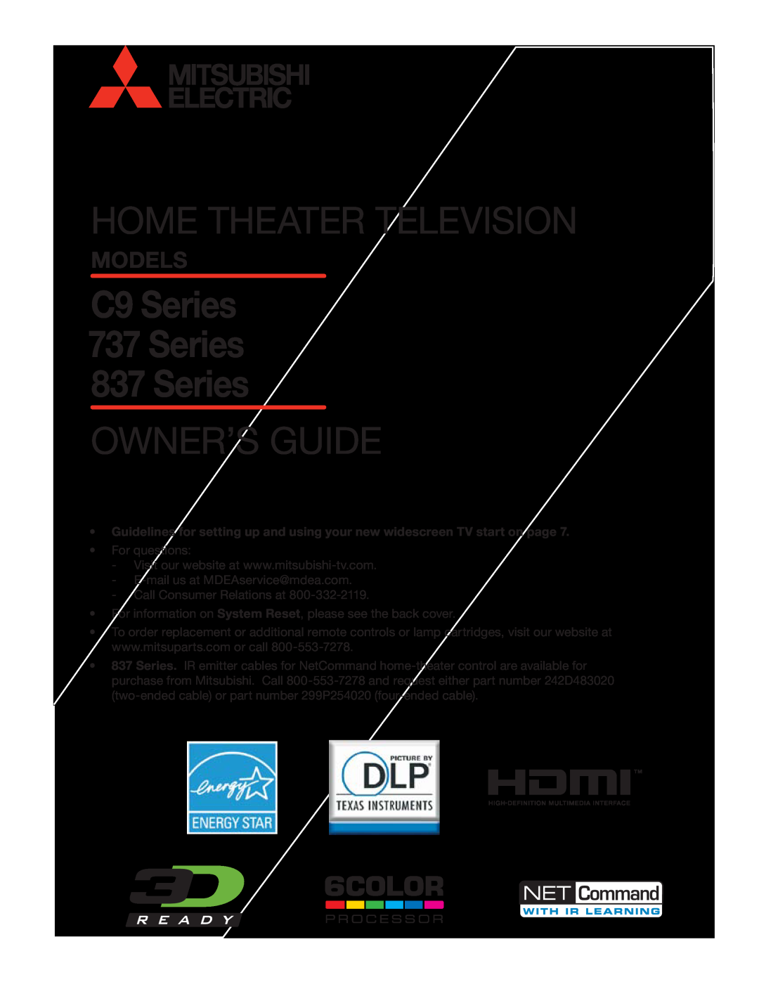 Mitsubishi Electronics manual Models, Home Theater Television, C9 Series 737Series 837 Series, Owner’S Guide 