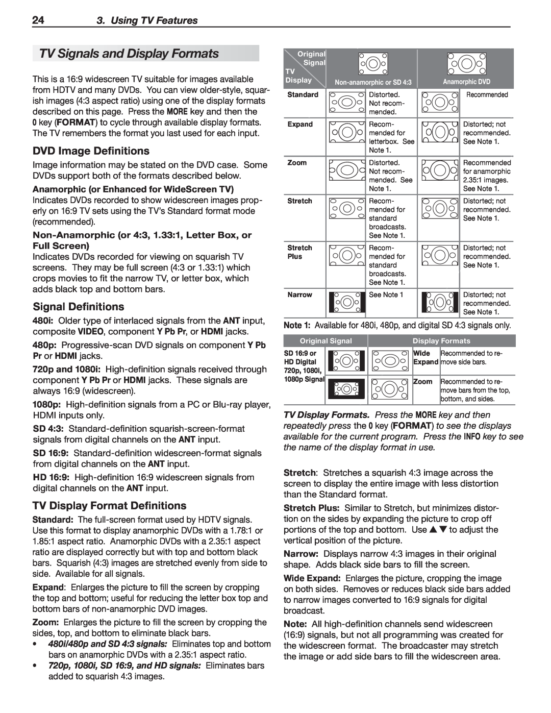 Mitsubishi Electronics 837 TV Signals and Display Formats, DVD Image Definitions, Signal Definitions, Using TV Features 