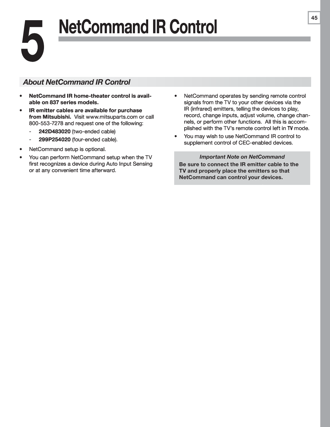 Mitsubishi Electronics 837, 737, C9 manual About NetCommand IR Control, Important Note on NetCommand 