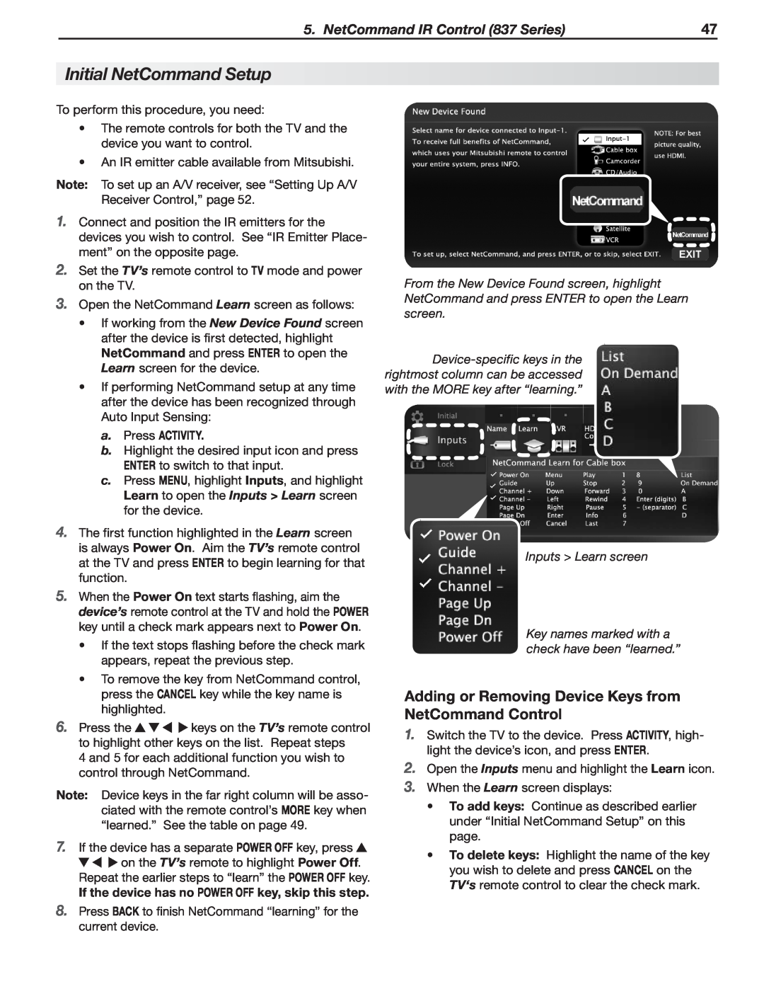 Mitsubishi Electronics C9, 737 manual Initial NetCommand Setup, NetCommand IR Control 837 Series, Inputs > Learn screen 
