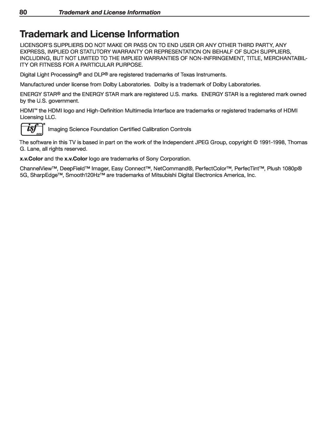 Mitsubishi Electronics C9, 837, 737 manual 80Trademark and License Information 