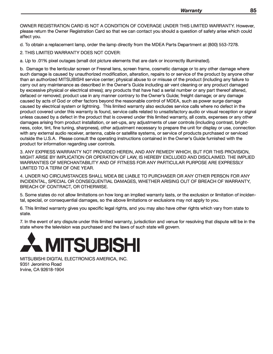Mitsubishi Electronics 737, 837, C9 manual Warranty85 