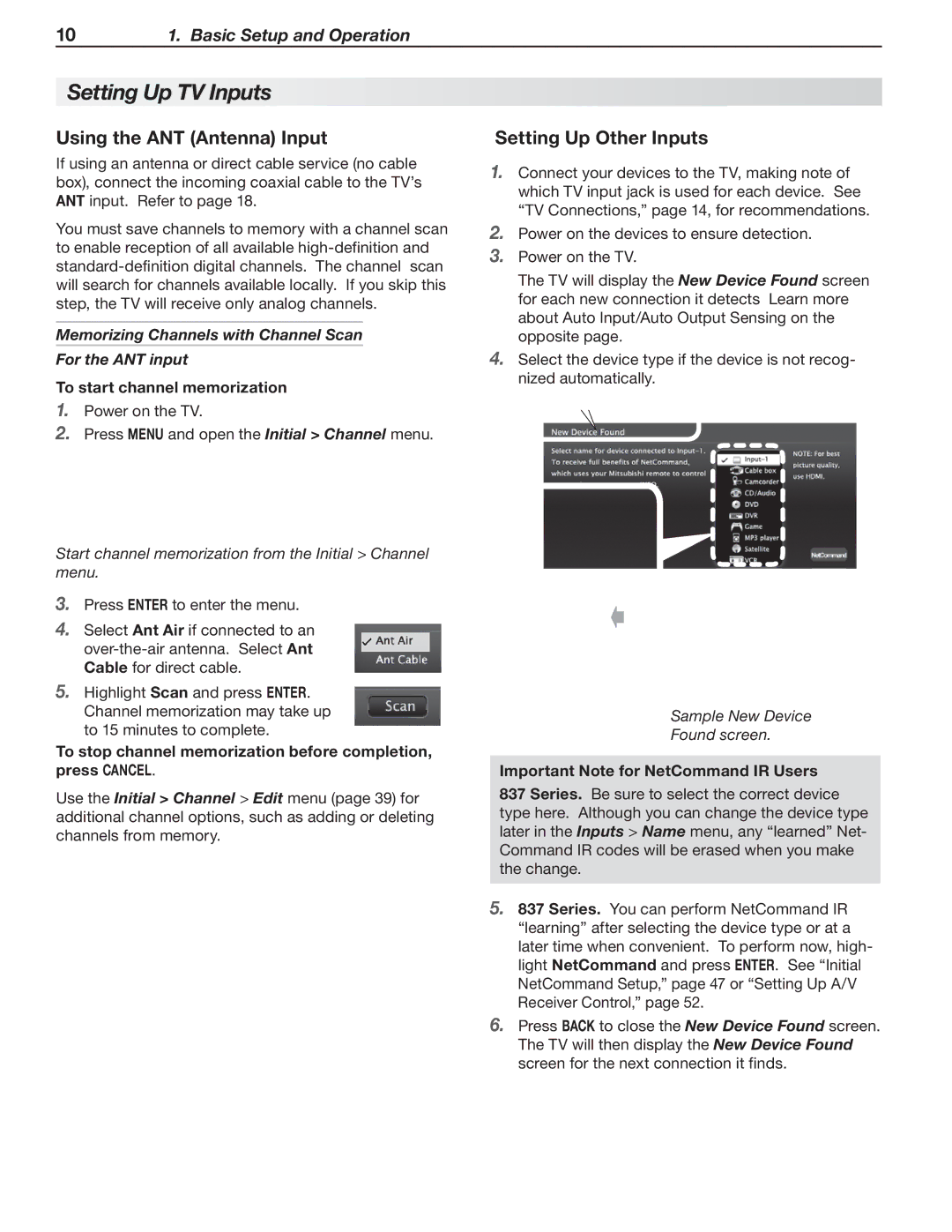 Mitsubishi Electronics 837 SERIES, 737 SERIES Setting Up TV Inputs, Using the ANT Antenna Input, Setting Up Other Inputs 