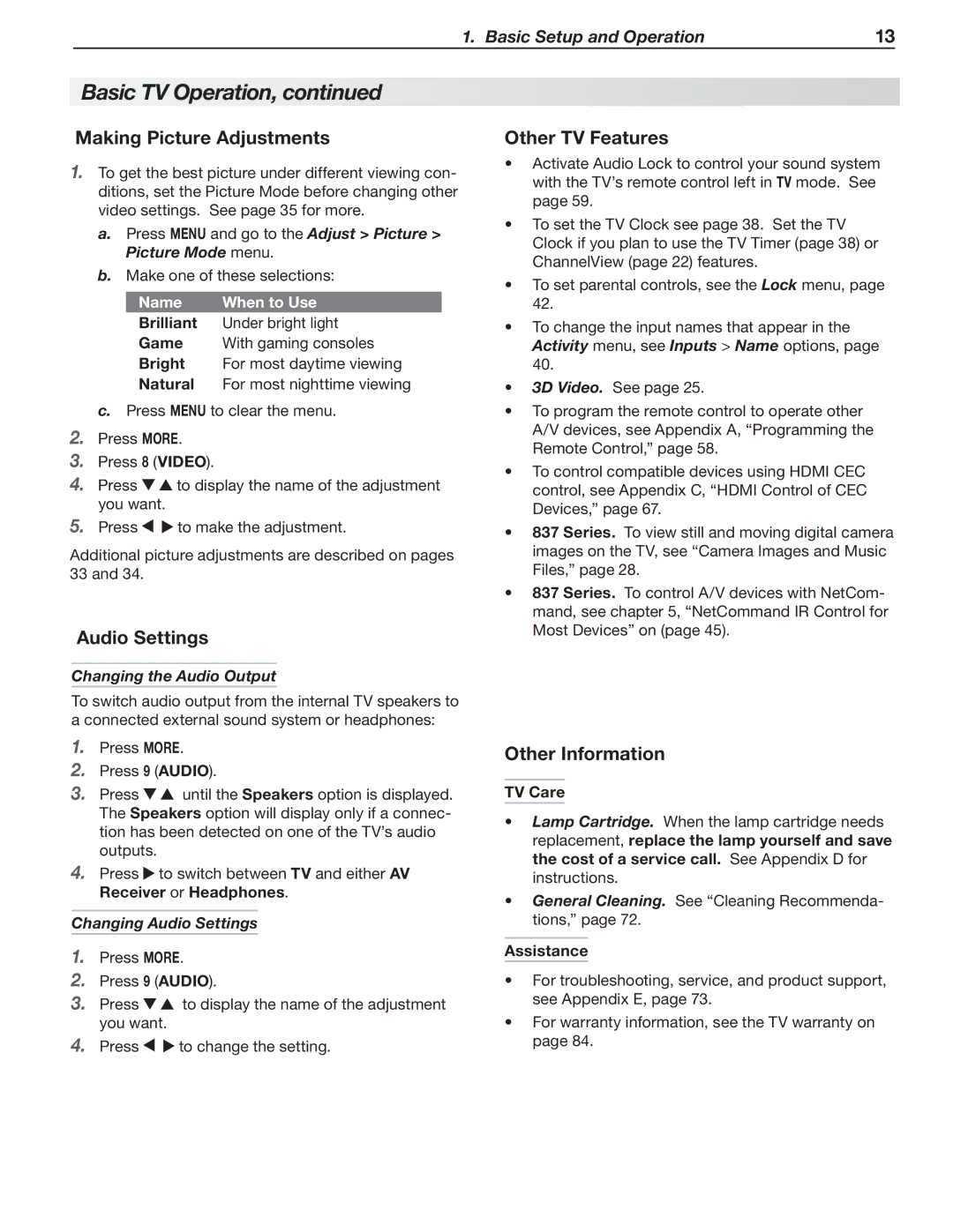 Mitsubishi Electronics 737 SERIES manual Making Picture Adjustments, Audio Settings, Other TV Features, Other Information 