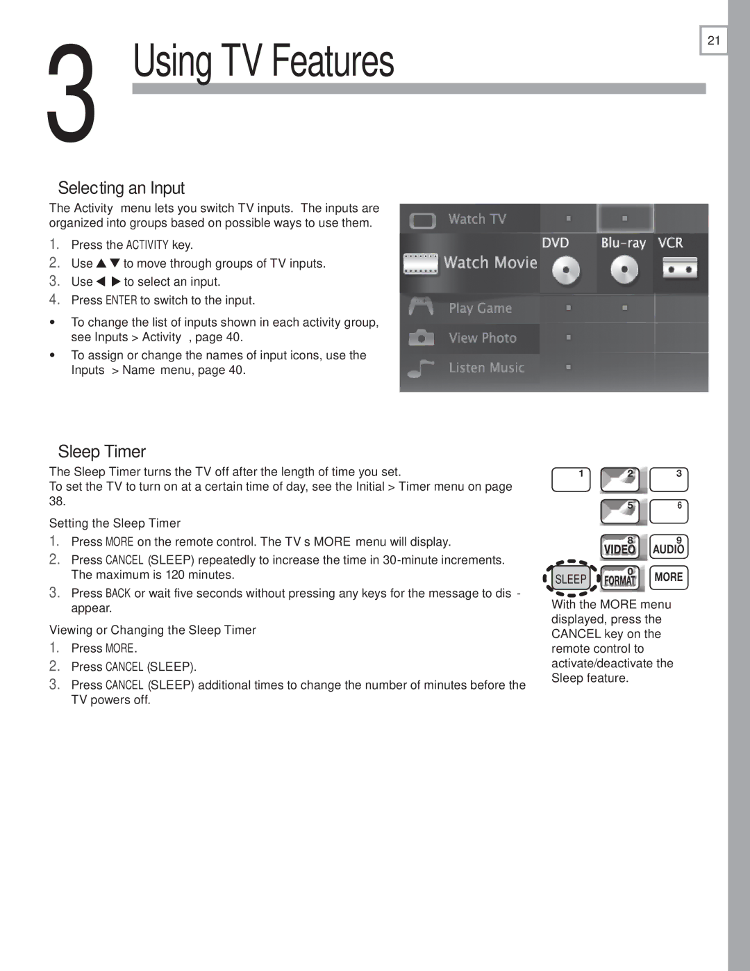 Mitsubishi Electronics 737 SERIES, 837 SERIES manual Selecting an Input, Sleep Timer 