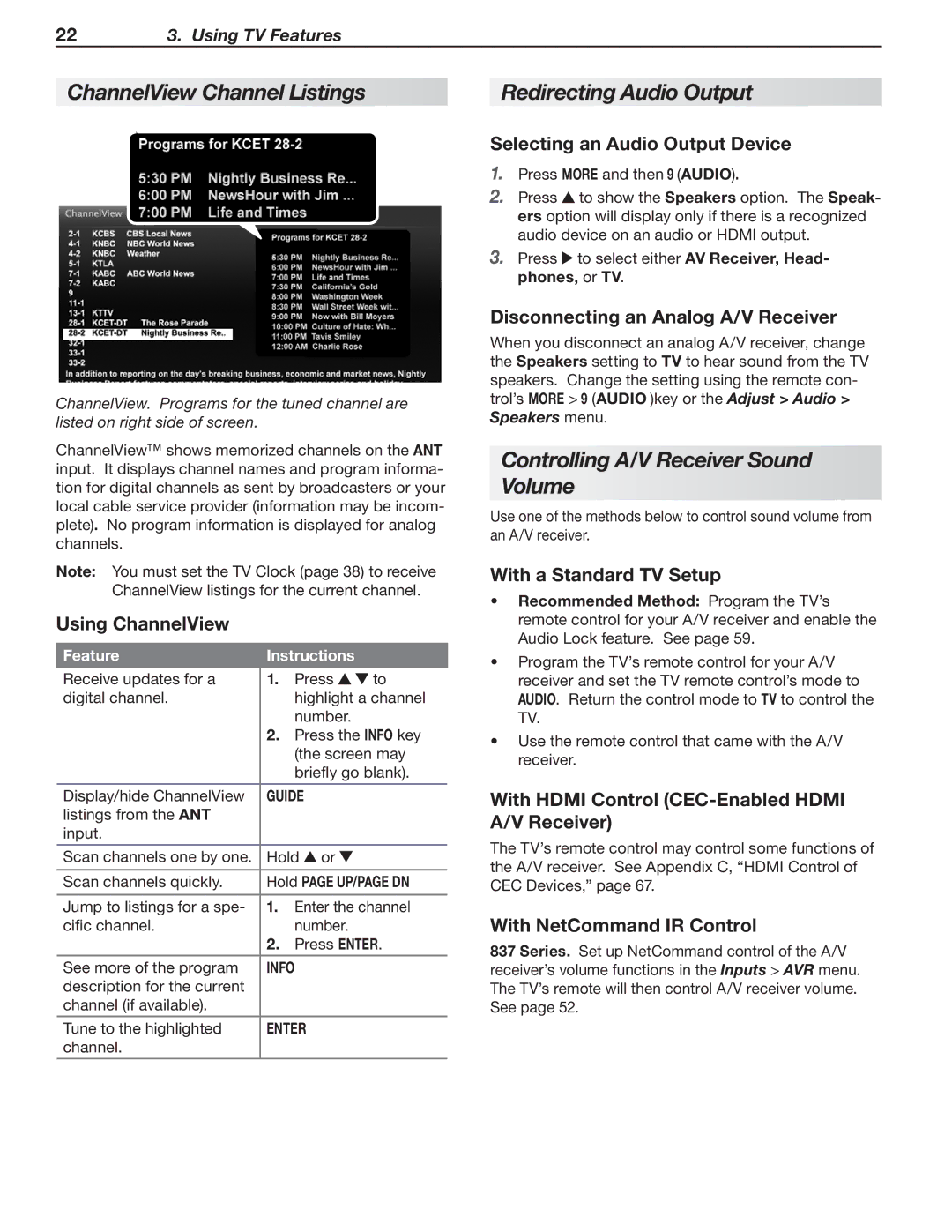 Mitsubishi Electronics 837 SERIES, 737 SERIES manual ChannelView Channel Listings, Redirecting Audio Output 