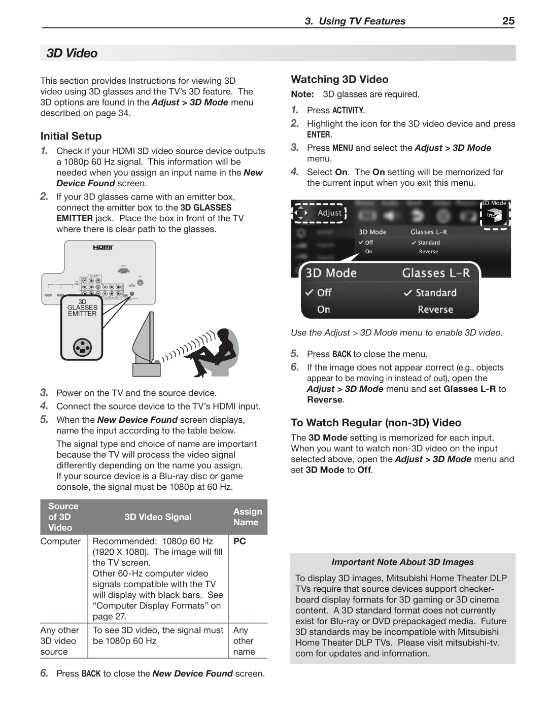 Mitsubishi Electronics 737 SERIES, 837 SERIES manual Initial Setup, Watching 3D Video, To Watch Regular non-3D Video 