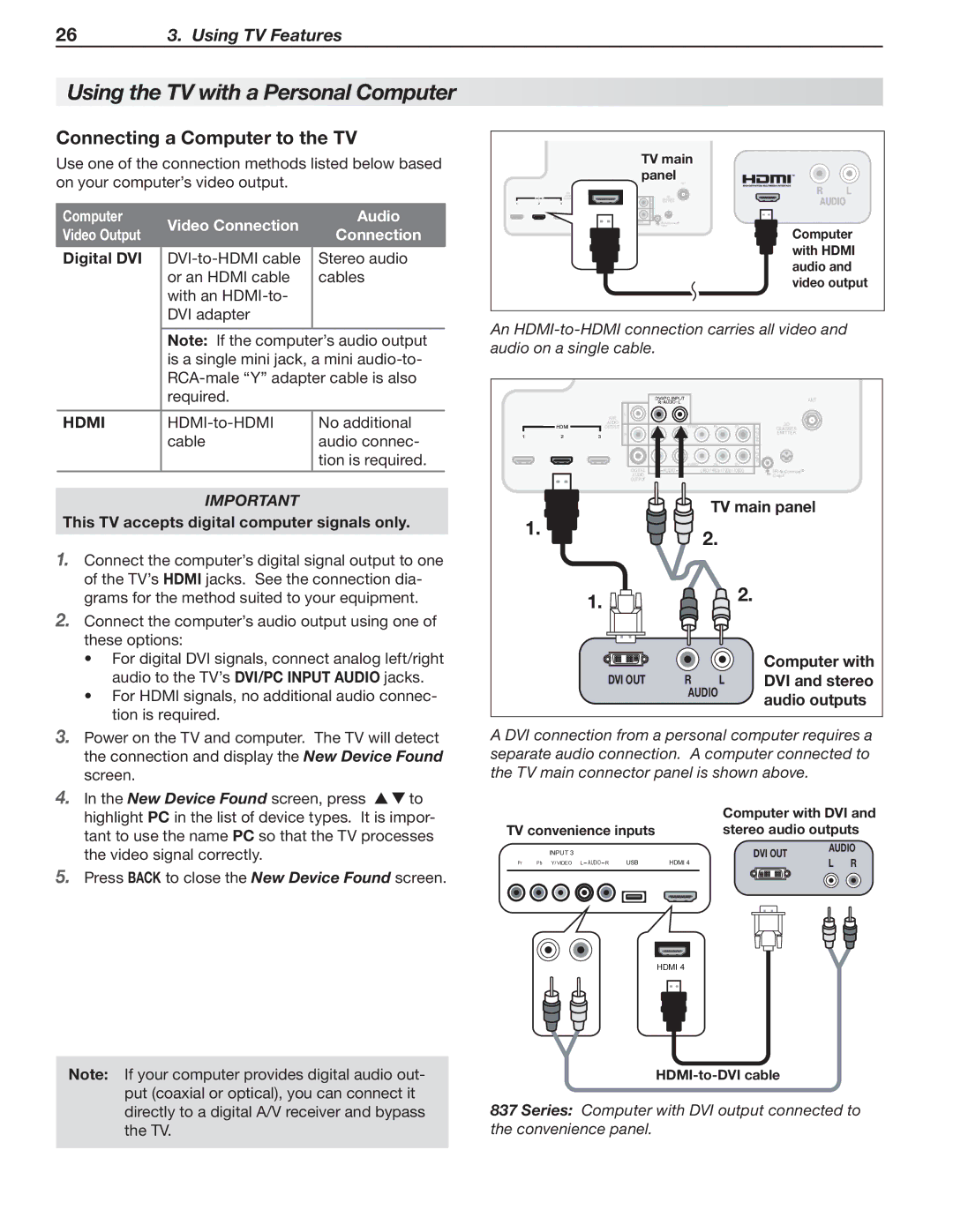 Mitsubishi Electronics 837 SERIES manual Connecting a Computer to the TV, Computer Video Connection Audio Video Output 