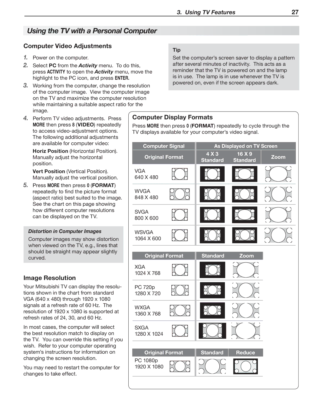 Mitsubishi Electronics 737 SERIES Using the TV with a Personal Computer, Computer Video Adjustments, Image Resolution 