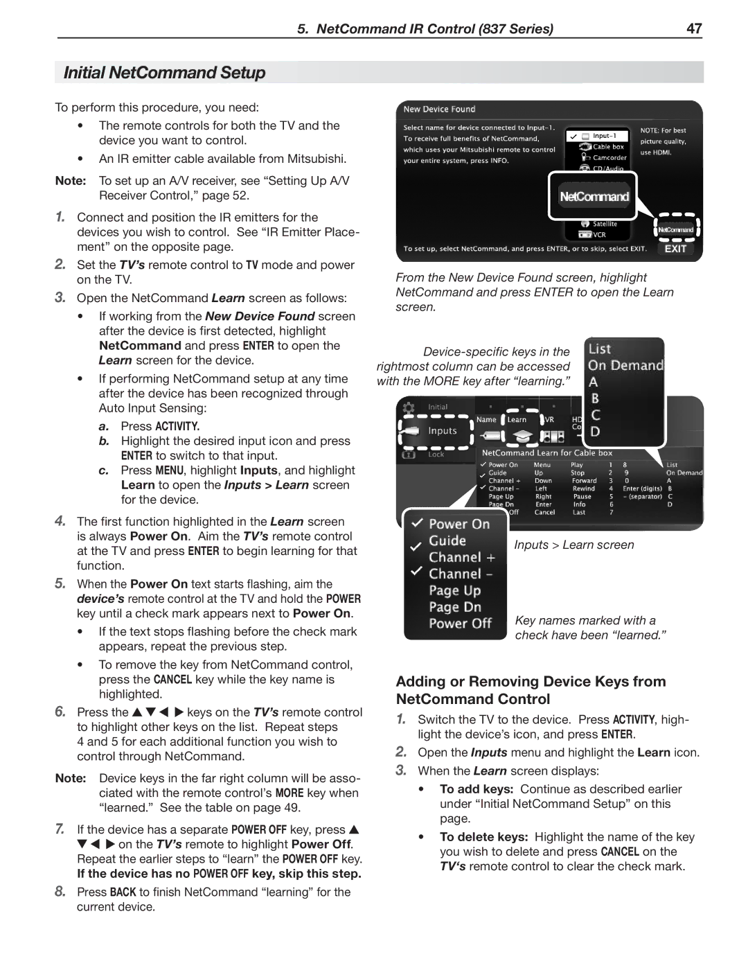 Mitsubishi Electronics 737 SERIES manual Initial NetCommand Setup, Adding or Removing Device Keys from NetCommand Control 