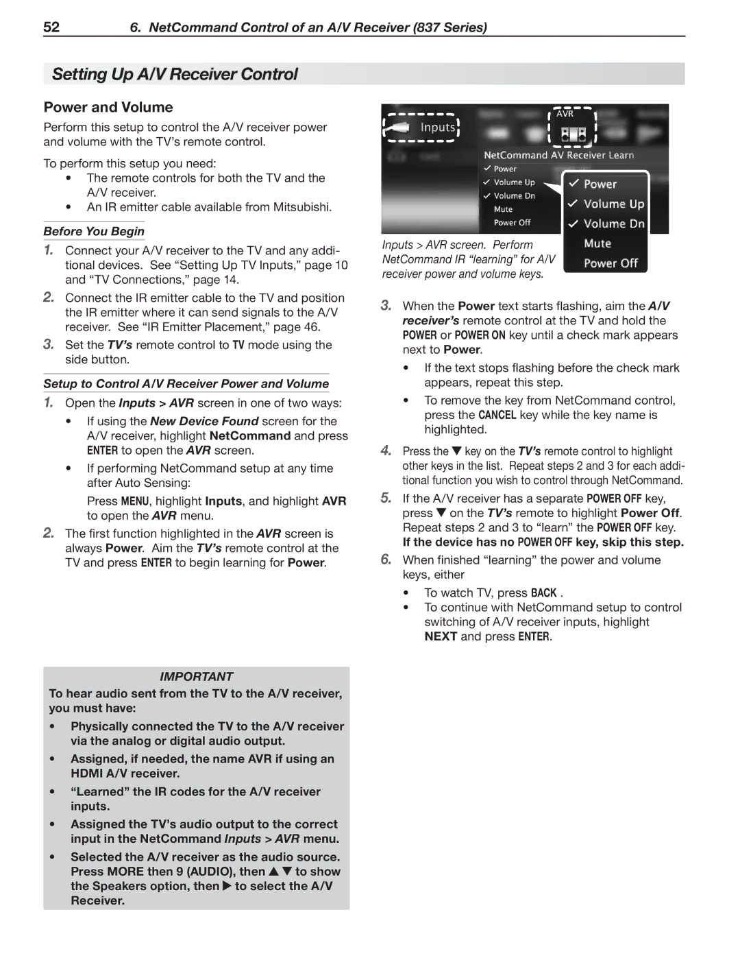 Mitsubishi Electronics 837 SERIES, 737 SERIES manual Setting Up A/V Receiver Control, Power and Volume, Before You Begin 