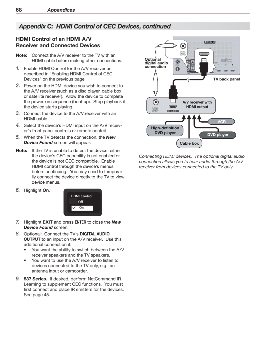 Mitsubishi Electronics 837 SERIES, 737 SERIES manual Hdmi Control of an Hdmi A/V Receiver and Connected Devices, Optional 