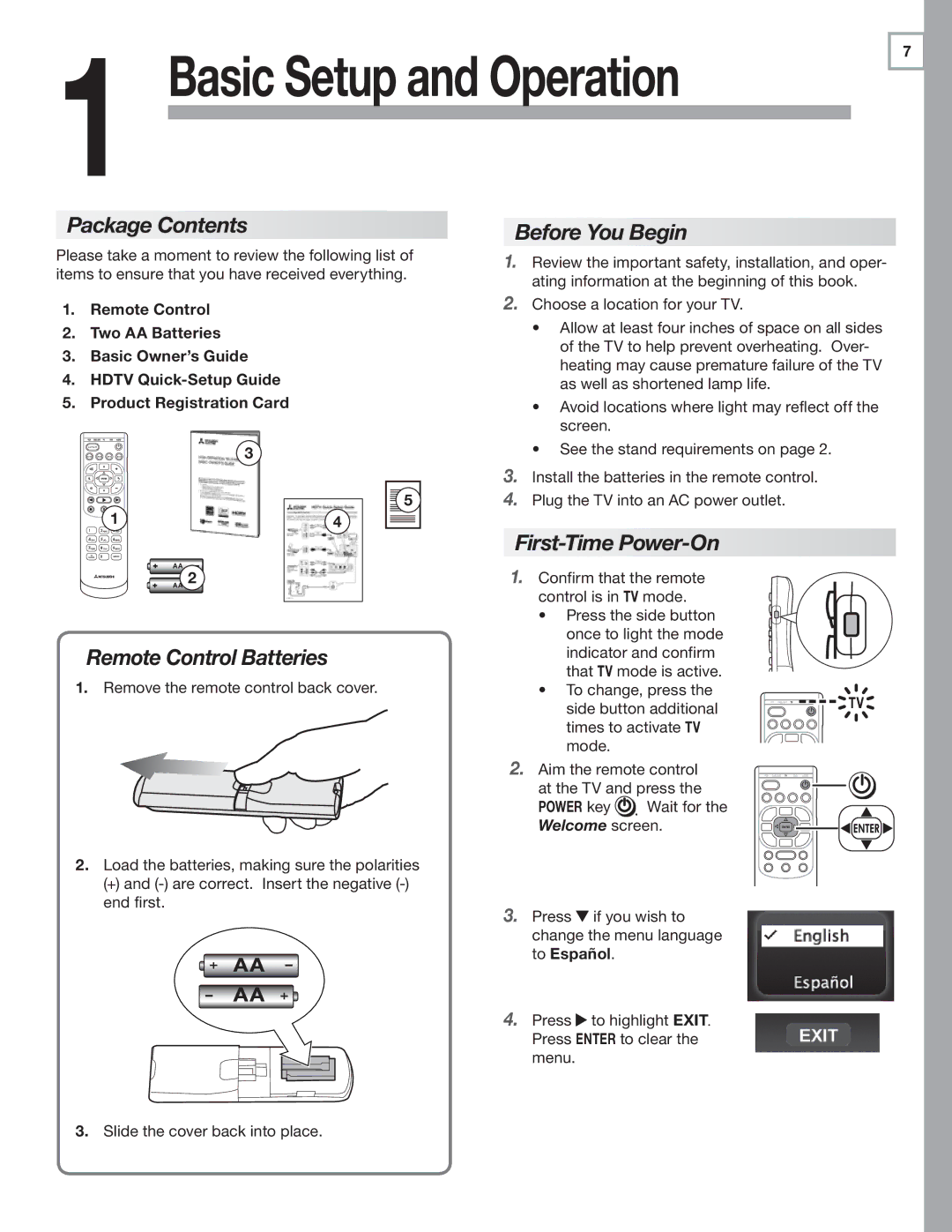 Mitsubishi Electronics 737 SERIES manual Package Contents, Before You Begin, First-Time Power-On, Remote Control Batteries 