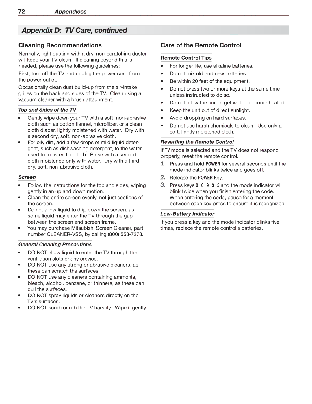 Mitsubishi Electronics 837 SERIES, 737 SERIES manual Cleaning Recommendations, Care of the Remote Control 