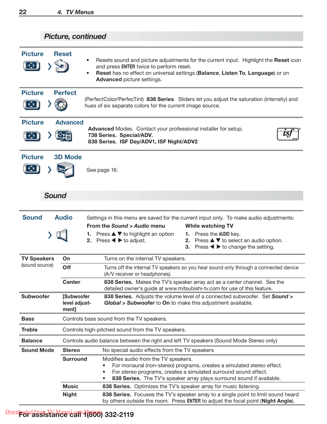 Mitsubishi Electronics 838 SERIES, 738 Series operating instructions Sound 