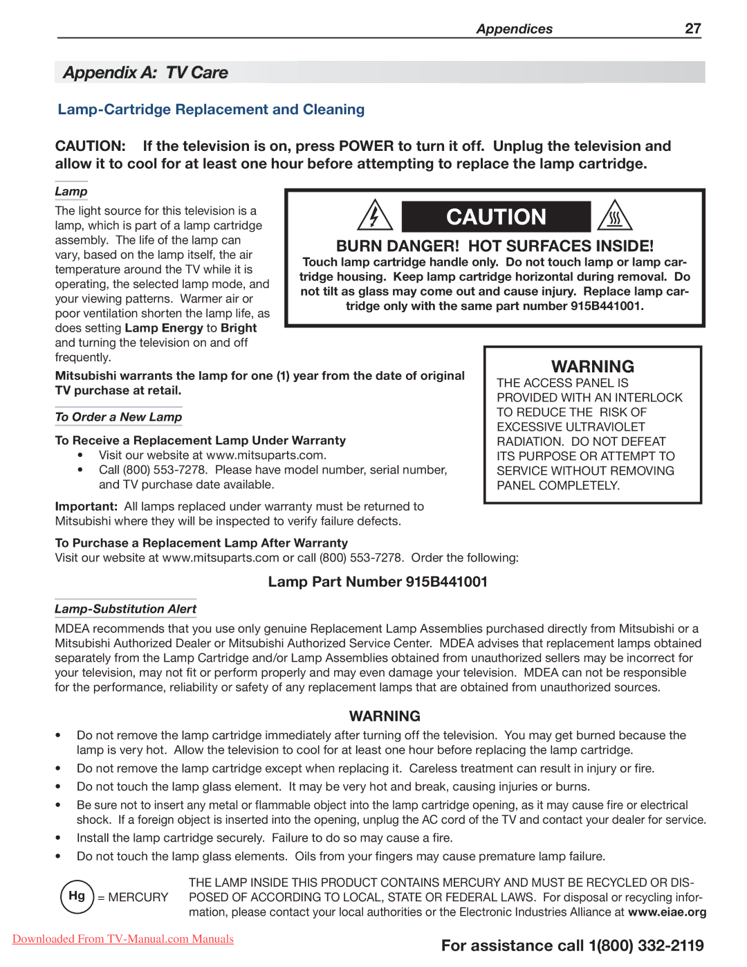 Mitsubishi Electronics 738 Series Appendix a TV Care, Lamp-Cartridge Replacement and Cleaning, To Order a New Lamp 