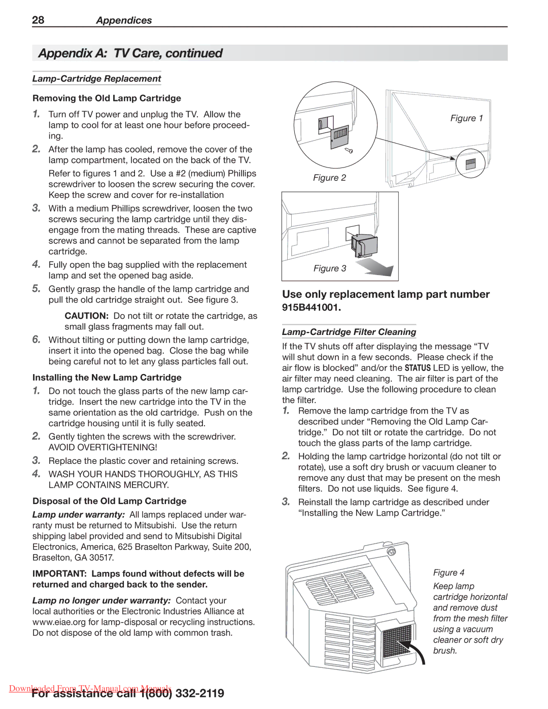 Mitsubishi Electronics 838 SERIES, 738 Series Lamp-Cartridge Replacement, Removing the Old Lamp Cartridge 