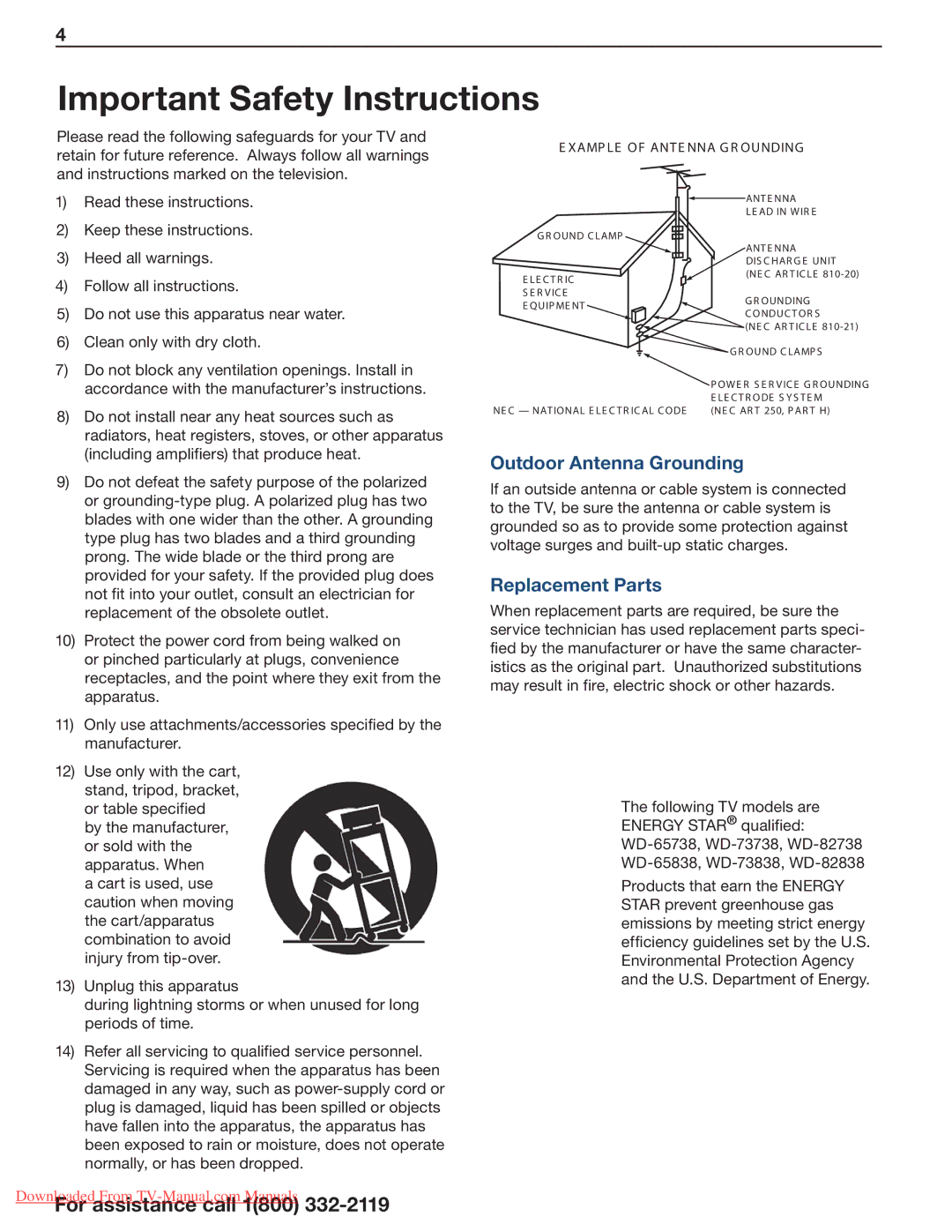 Mitsubishi Electronics 838 SERIES, 738 Series operating instructions Outdoor Antenna Grounding, Replacement Parts 