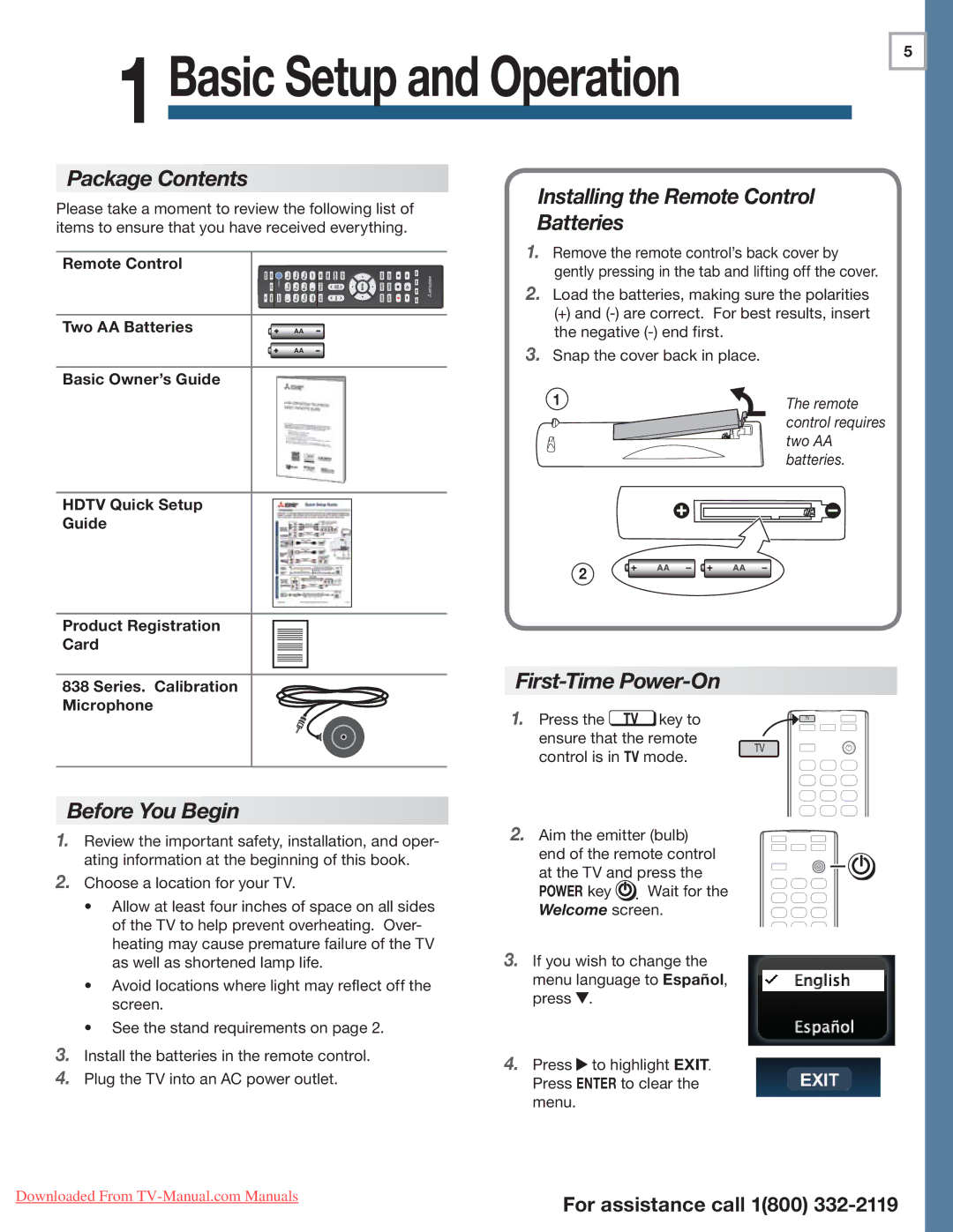 Mitsubishi Electronics 738 Series, 838 SERIES Package Contents, Before You Begin, Installing the Remote Control Batteries 