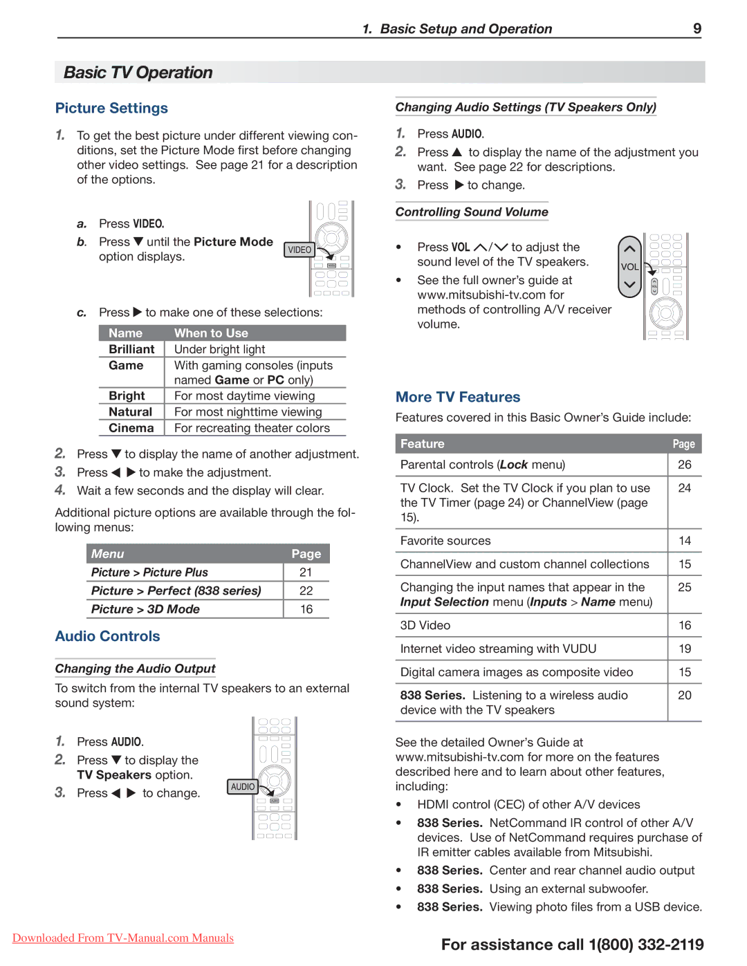 Mitsubishi Electronics 738 Series, 838 SERIES Basic TV Operation, Picture Settings, Audio Controls, More TV Features 