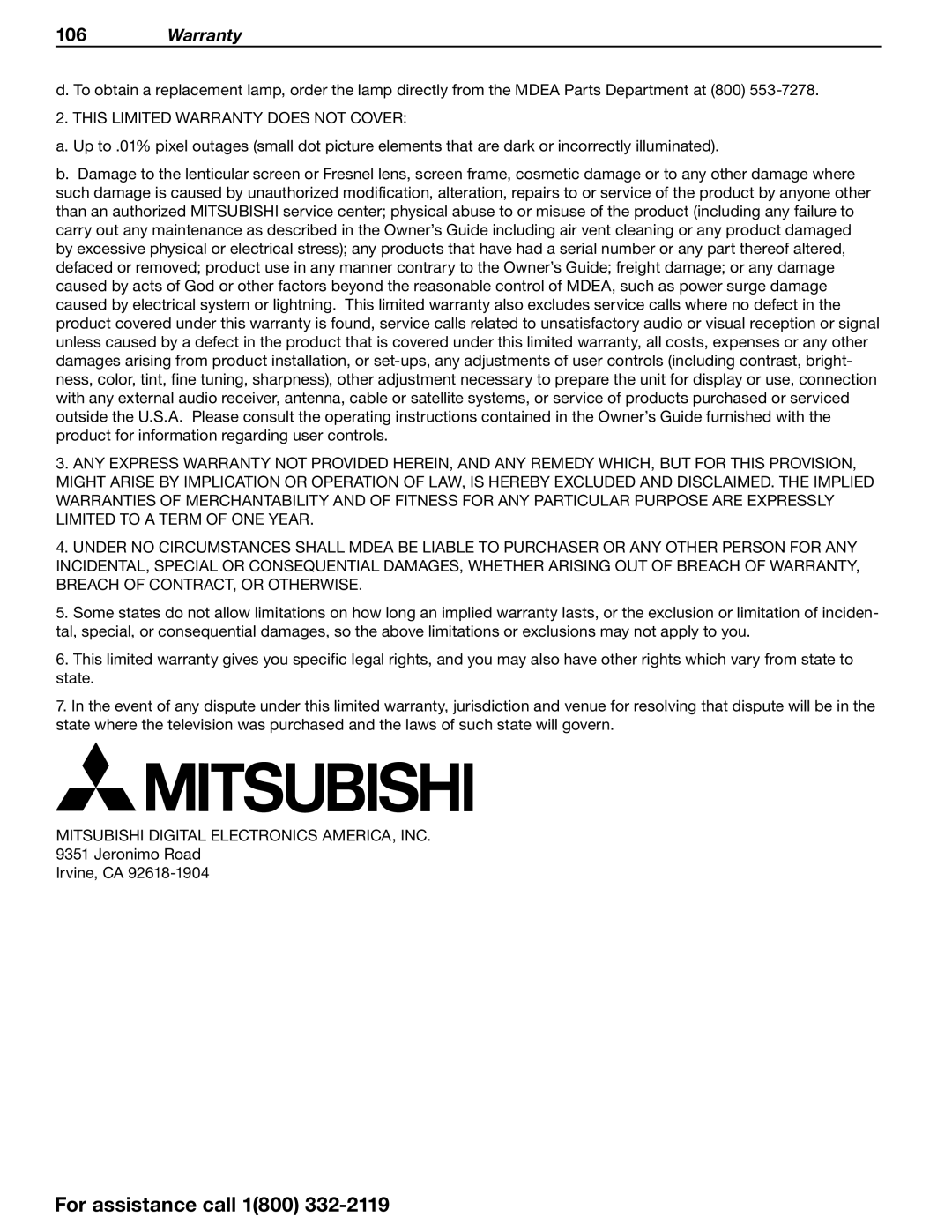 Mitsubishi Electronics 838 SERIES manual Warranty 