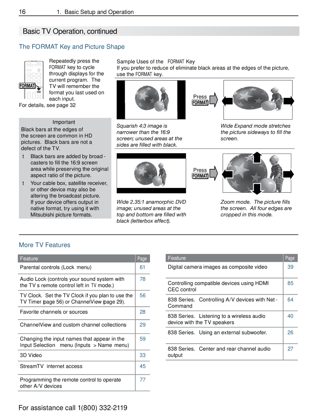 Mitsubishi Electronics 838 SERIES Format Key and Picture Shape, More TV Features, Input Selection menu Inputs Name menu 