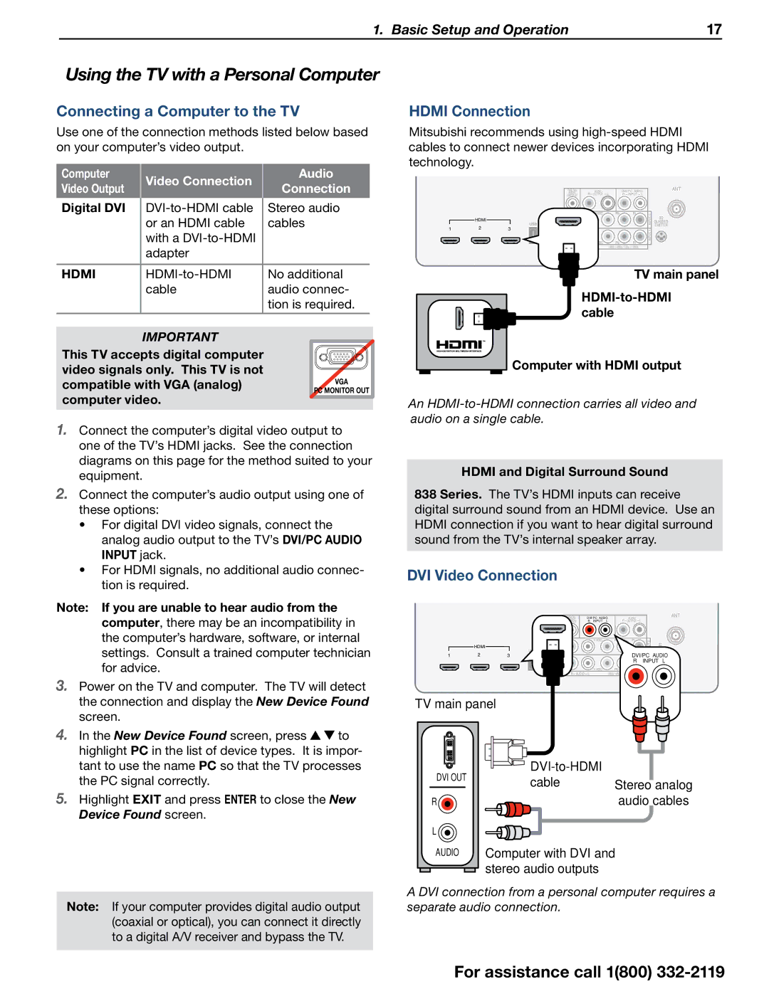 Mitsubishi Electronics 838 SERIES manual Connecting a Computer to the TV, Hdmi Connection, DVI Video Connection 