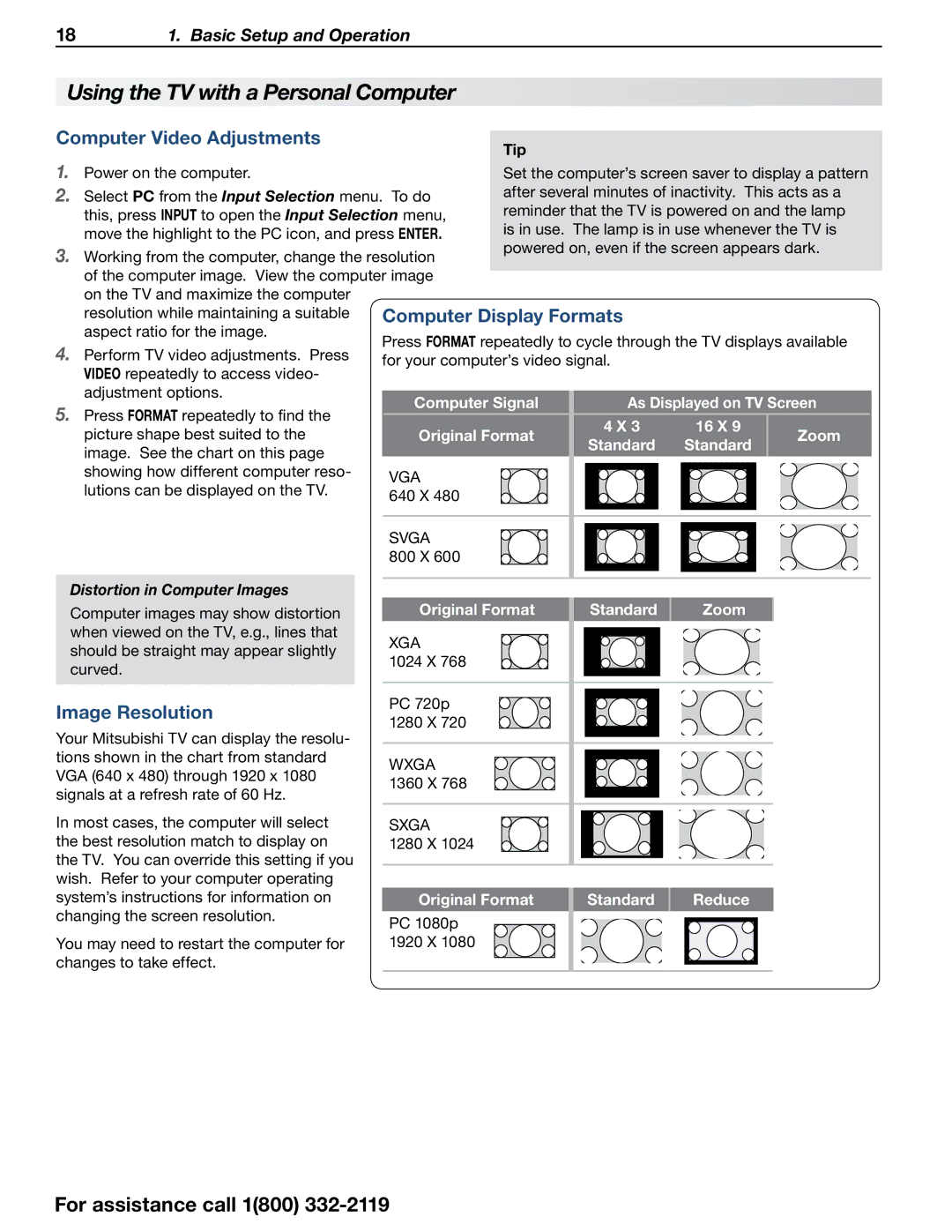 Mitsubishi Electronics 838 SERIES Using the TV with a Personal Computer, Computer Video Adjustments, Image Resolution 