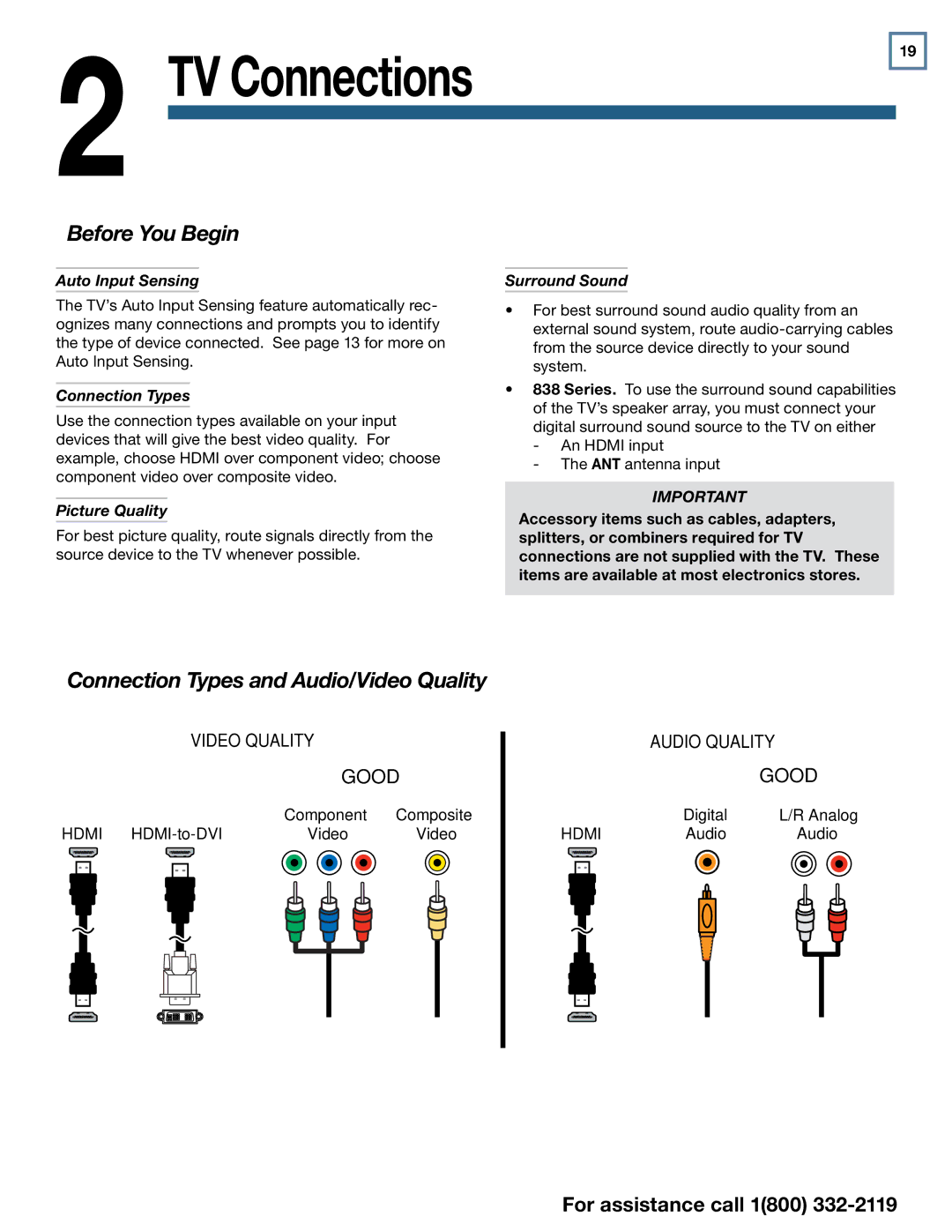 Mitsubishi Electronics 838 SERIES manual Connection Types and Audio/Video Quality, Auto Input Sensing, Picture Quality 