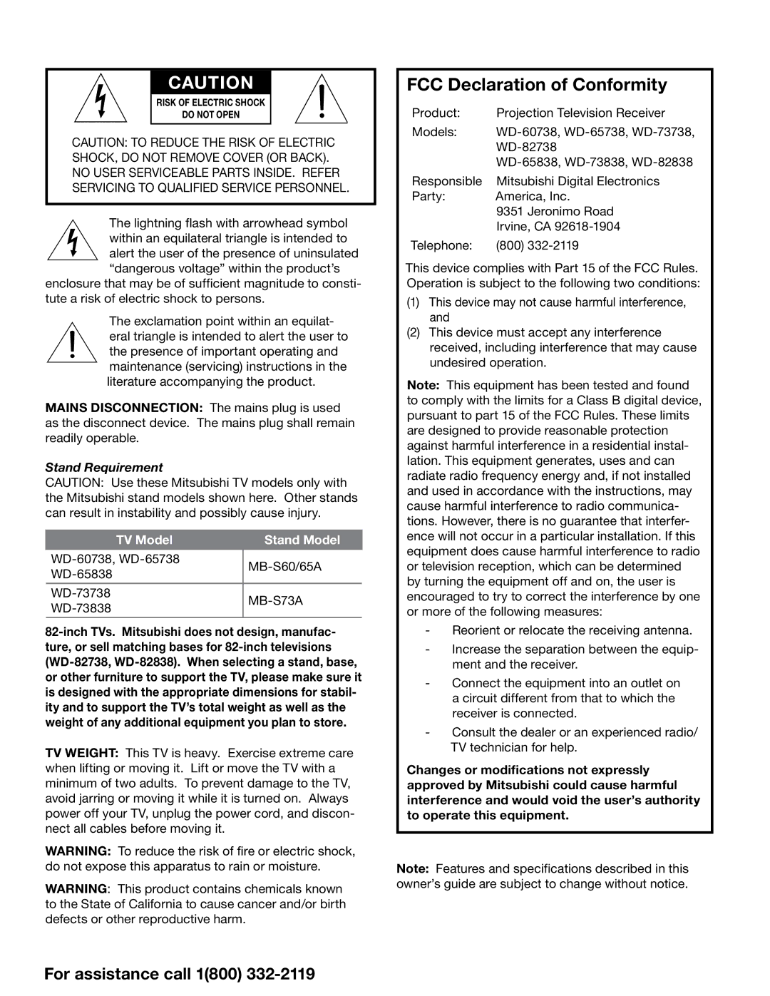 Mitsubishi Electronics 838 SERIES manual Stand Requirement, TV Model Stand Model 