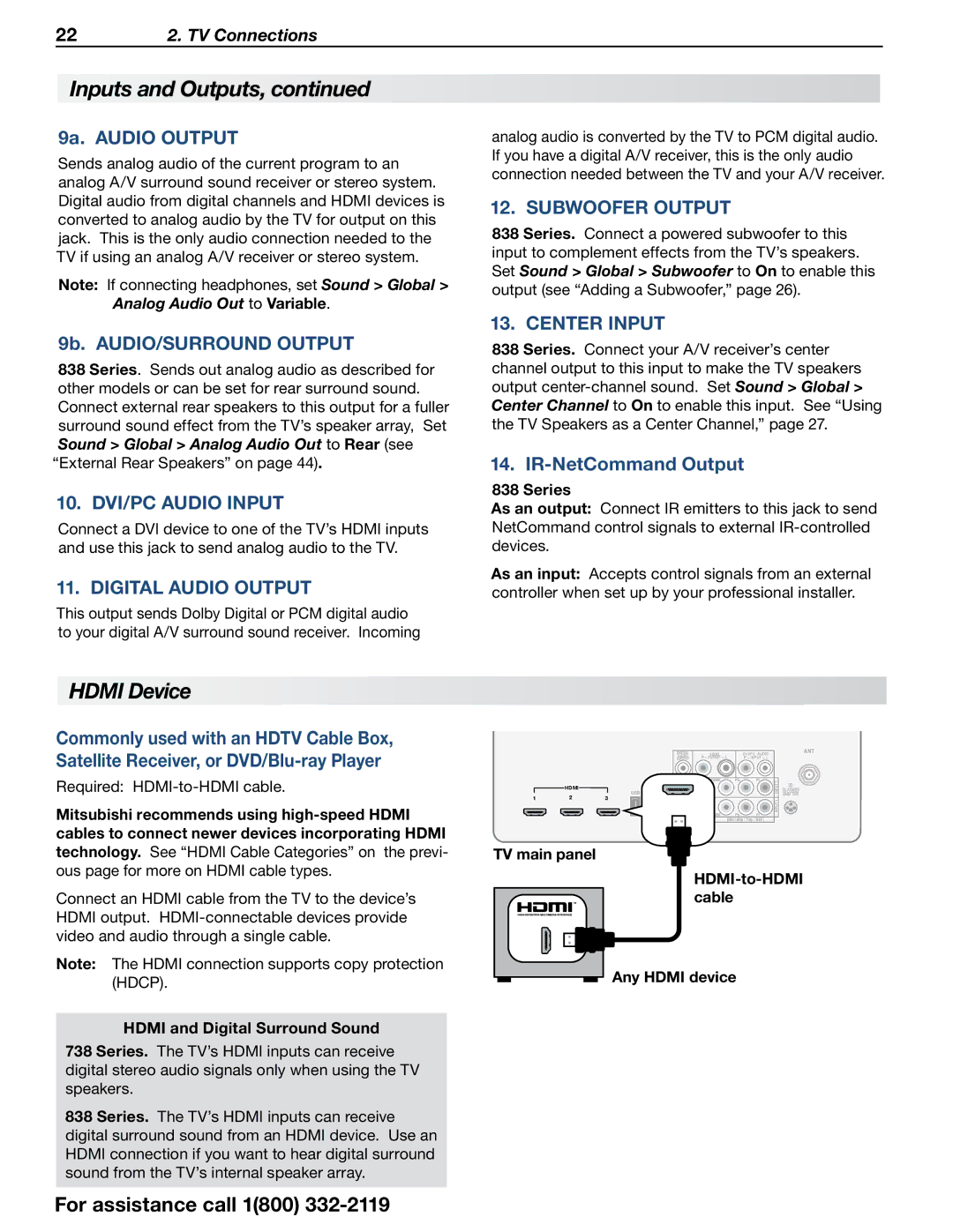 Mitsubishi Electronics 838 SERIES manual Hdmi Device, 9a. Audio Output, 9b. AUDIO/SURROUND Output, IR-NetCommand Output 