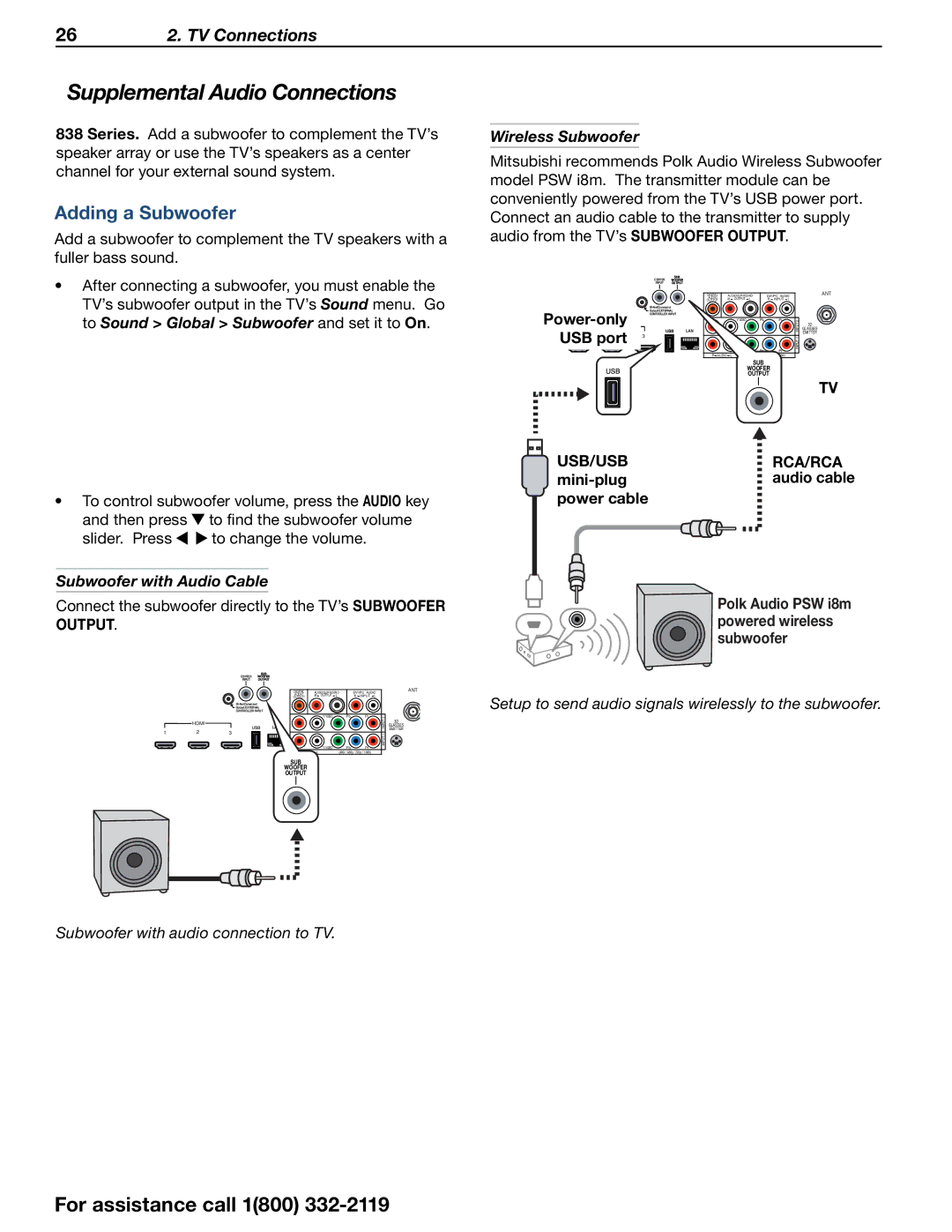 Mitsubishi Electronics 838 SERIES manual Supplemental Audio Connections, Adding a Subwoofer, Wireless Subwoofer 