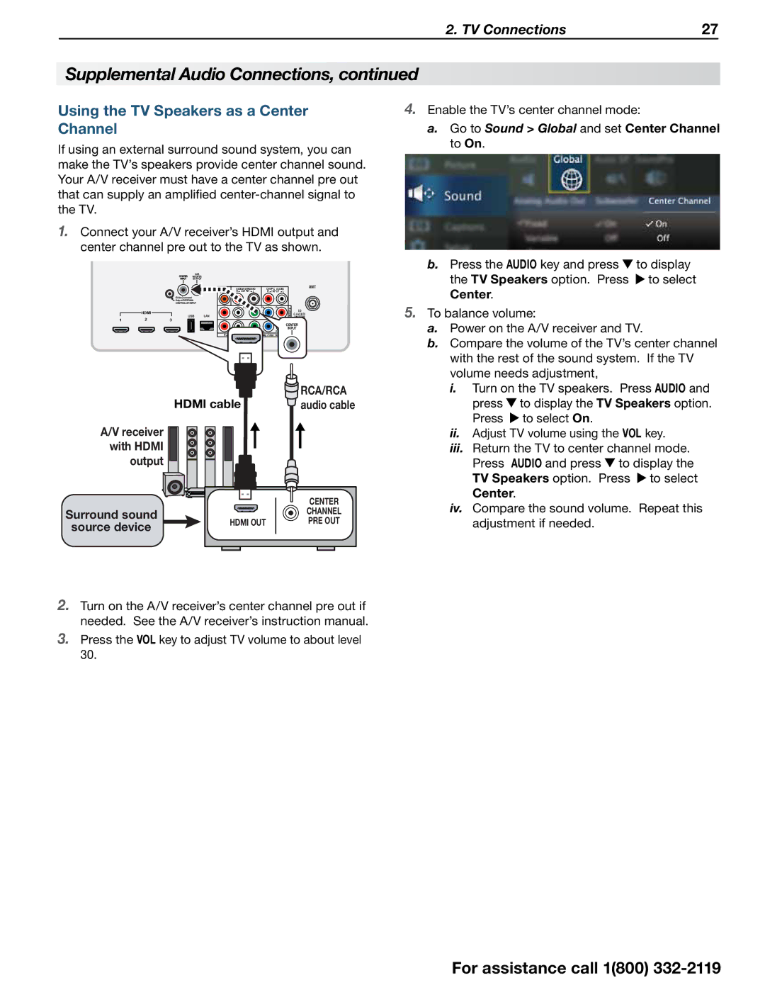 Mitsubishi Electronics 838 SERIES manual Using the TV Speakers as a Center Channel 