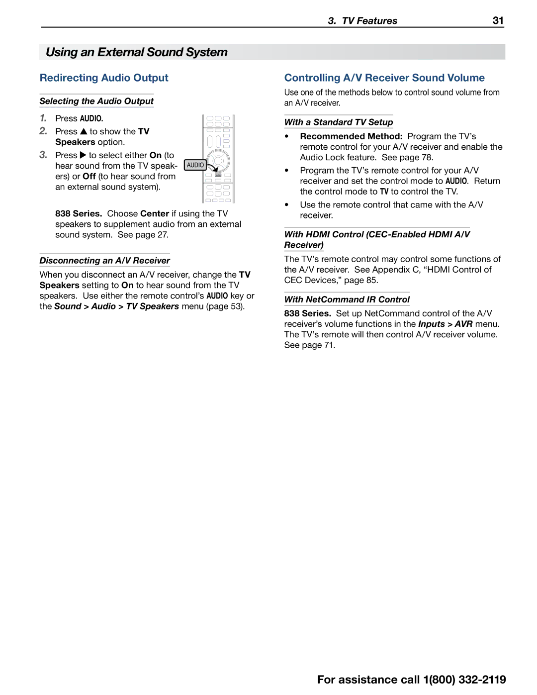 Mitsubishi Electronics 838 SERIES manual Using an External Sound System, Redirecting Audio Output 