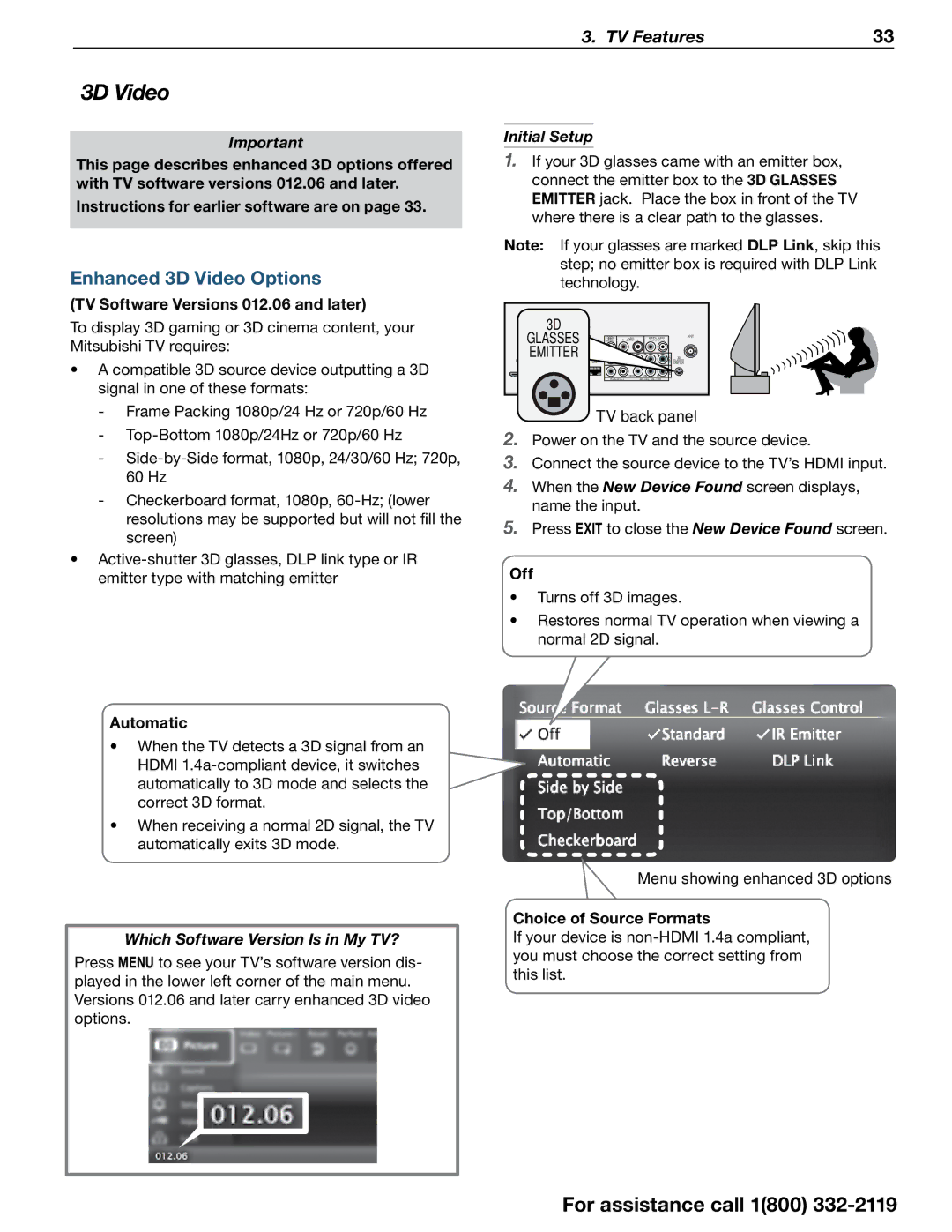 Mitsubishi Electronics 838 SERIES manual Enhanced 3D Video Options, Which Software Version Is in My TV?, Initial Setup 