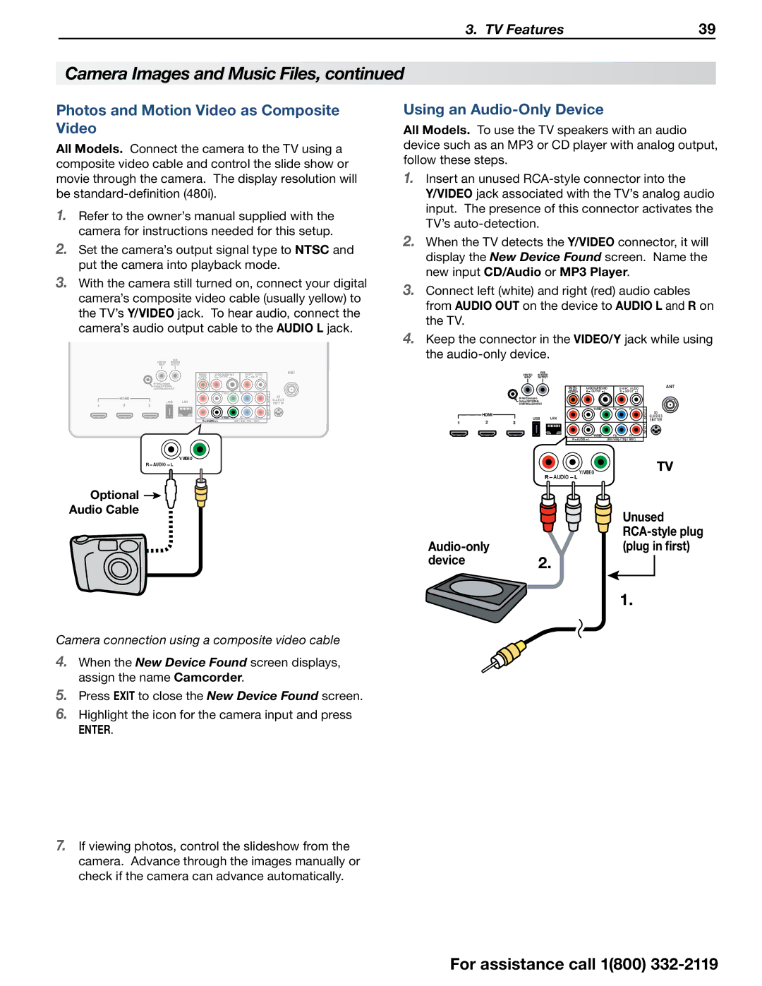 Mitsubishi Electronics 838 SERIES Photos and Motion Video as Composite Video, Using an Audio-Only Device, Plug in ﬁrst 