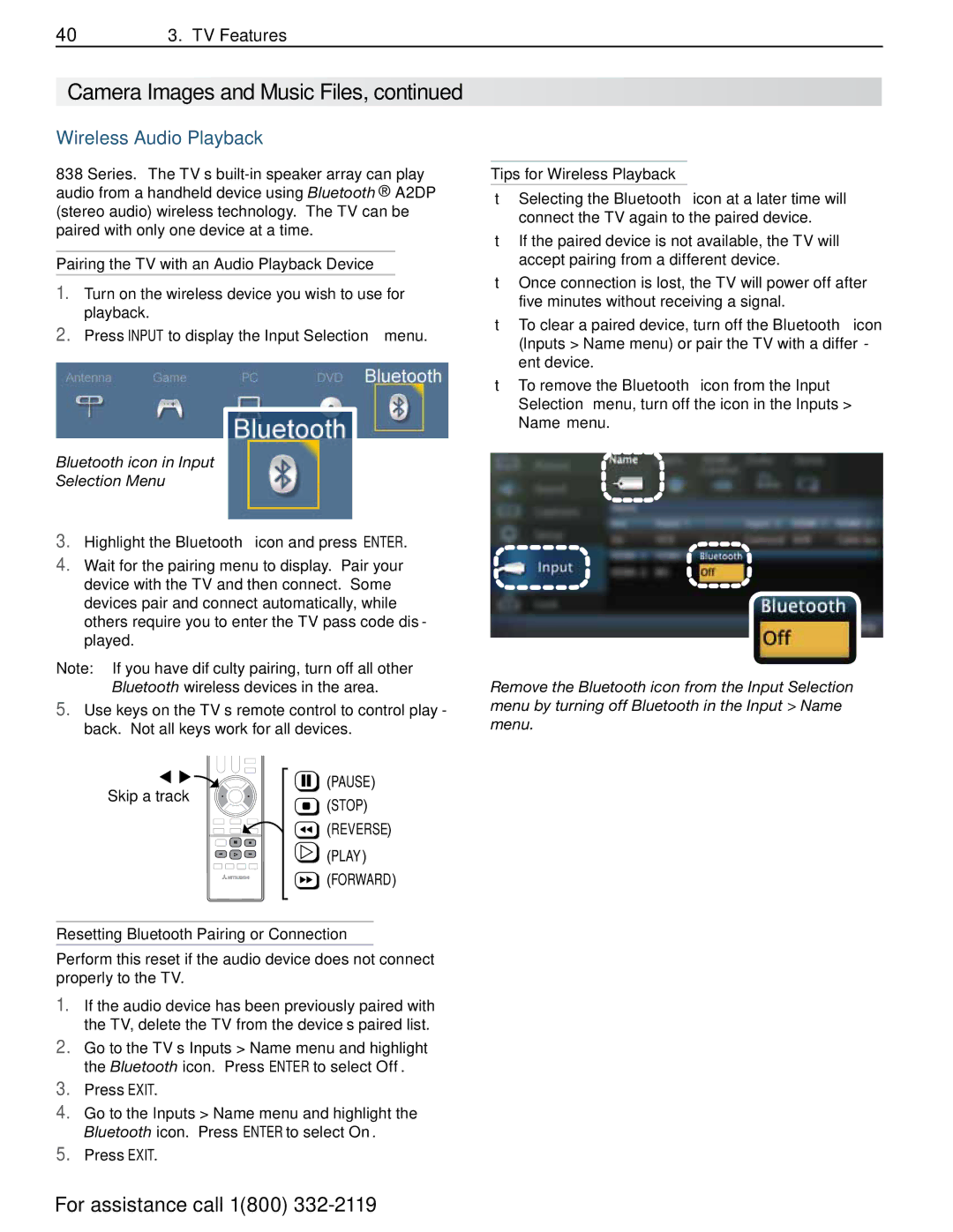 Mitsubishi Electronics 838 SERIES manual Wireless Audio Playback, Pairing the TV with an Audio Playback Device 