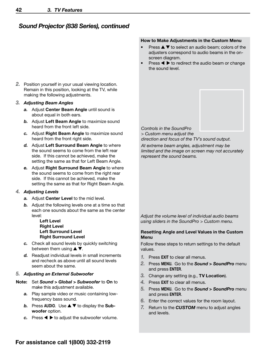 Mitsubishi Electronics 838 SERIES manual Adjusting Beam Angles, Adjusting Levels, Adjusting an External Subwoofer 