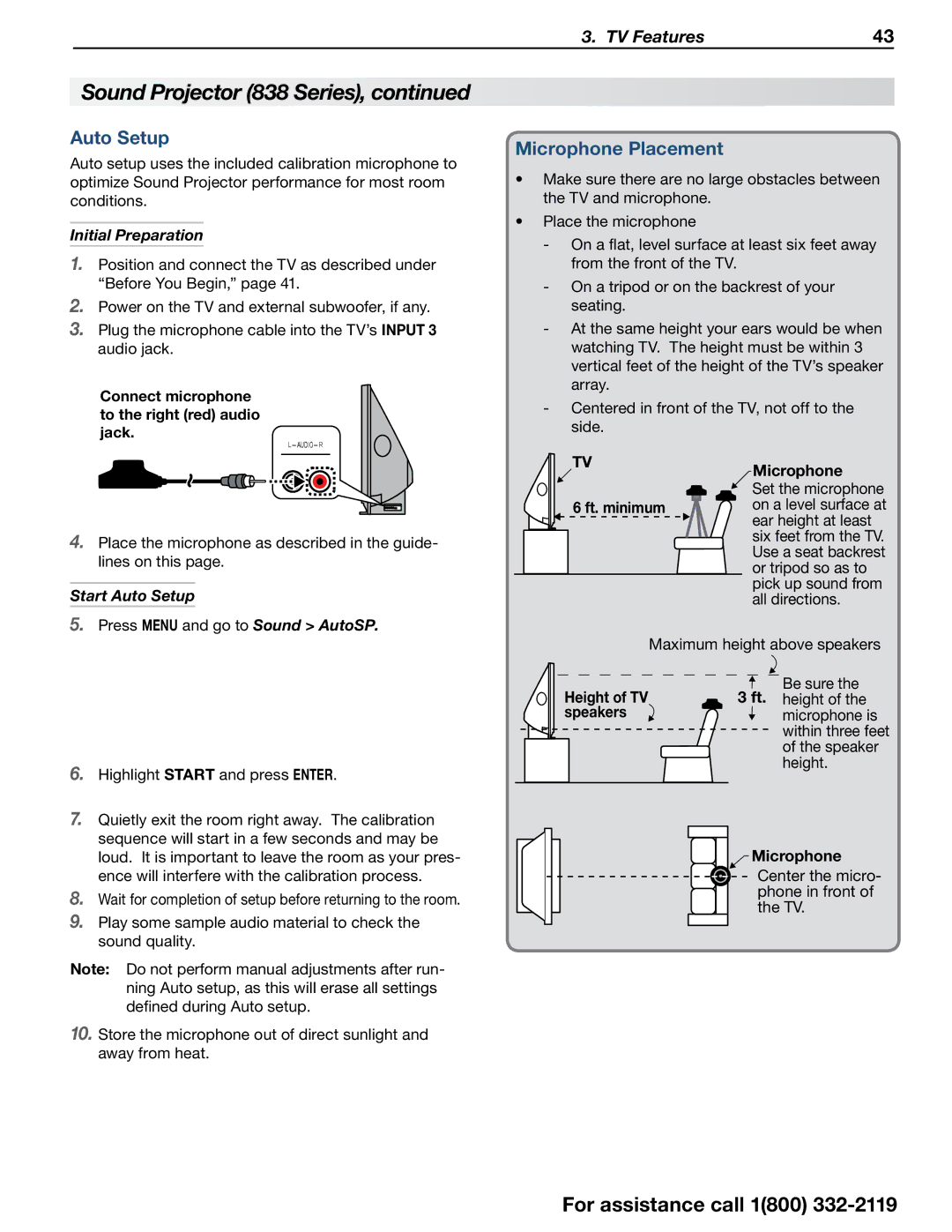 Mitsubishi Electronics 838 SERIES manual Microphone Placement, Initial Preparation, Start Auto Setup 